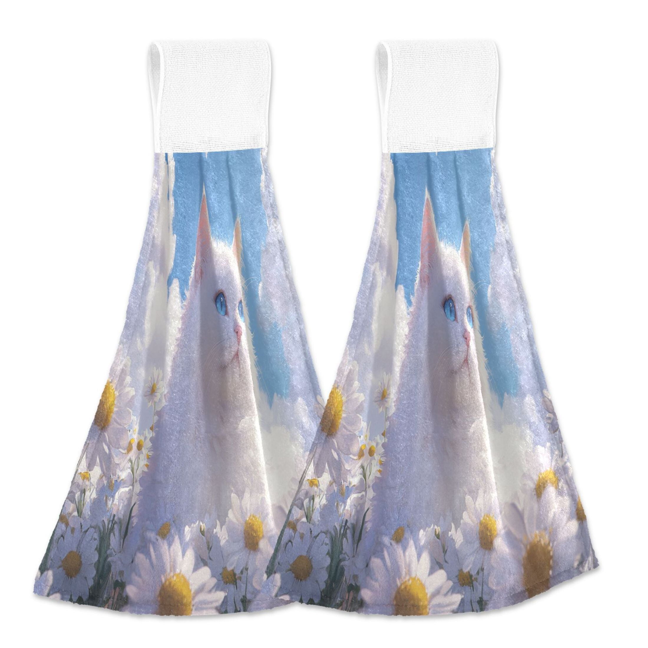 BZSMCE Hanging Hand Towels Fashion Cat Among Daisies and Clouds Pattern 2-Pack - Velcro Style Bathroom Kitchen Towels