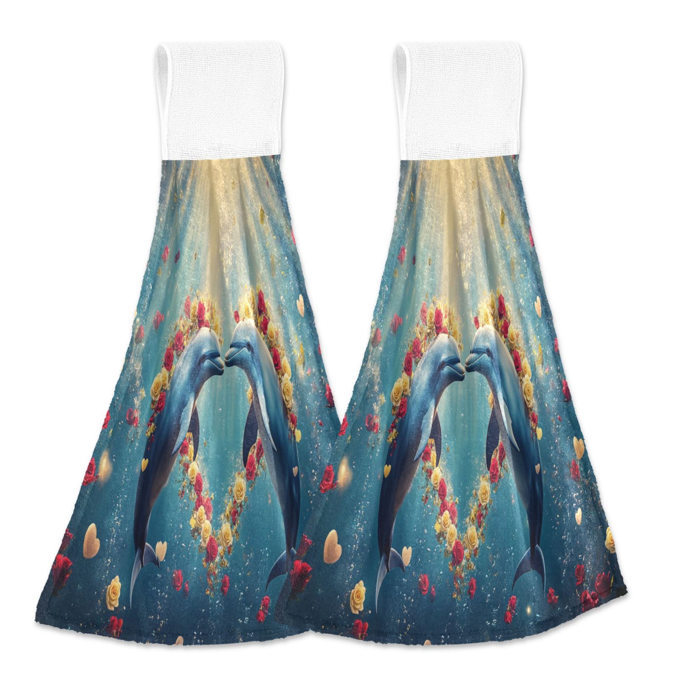 BZSMCE Hanging Hand Towels Fashion Dolphins Heart Roses Pattern 2-Pack - Velcro Style Bathroom Kitchen Towels