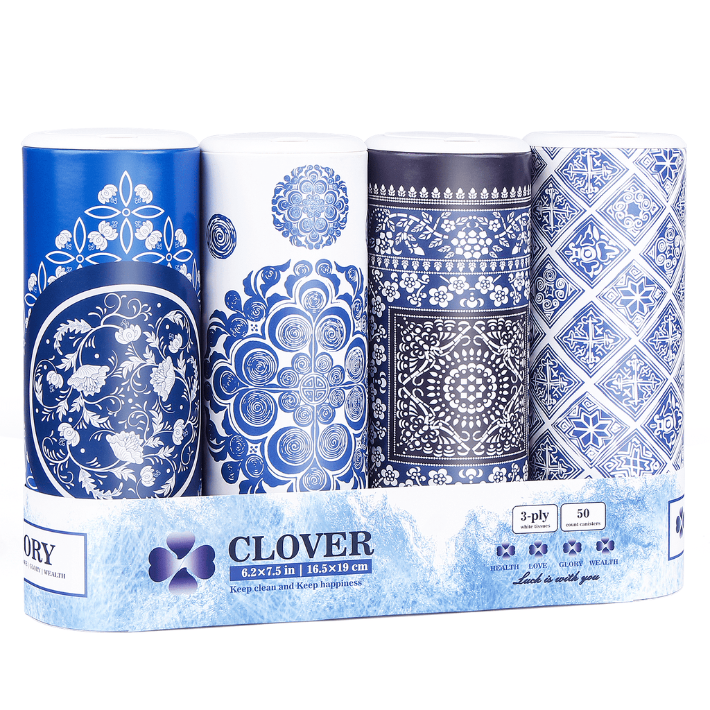 Clover Cylinder Facial Tissues for Car or Small Space，4 Tubes 3-Ply Blue Car Tissus for Travel