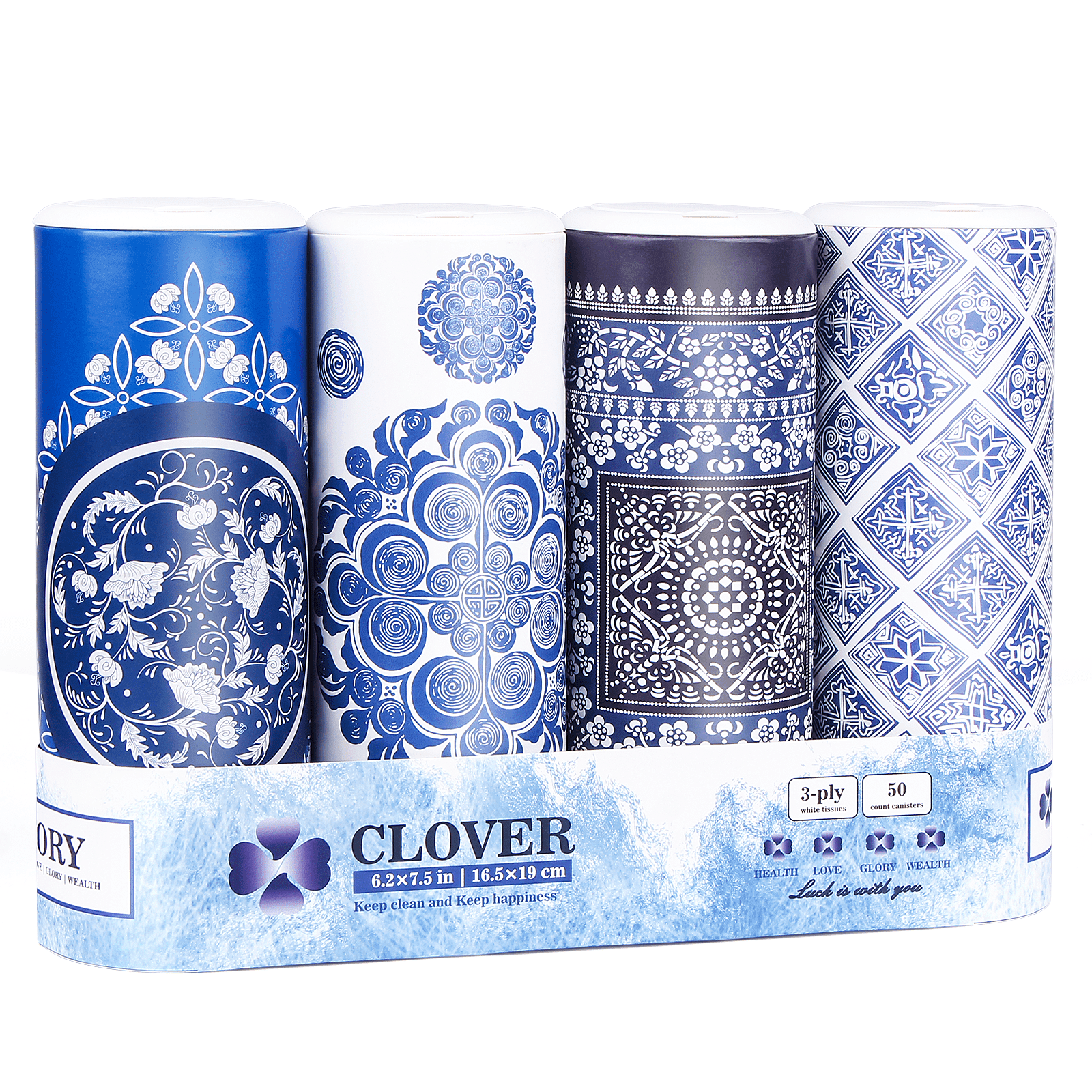 Clover Cylinder Facial Tissues for Car or Small Space，4 Tubes 3-Ply Blue Car Tissus for Travel