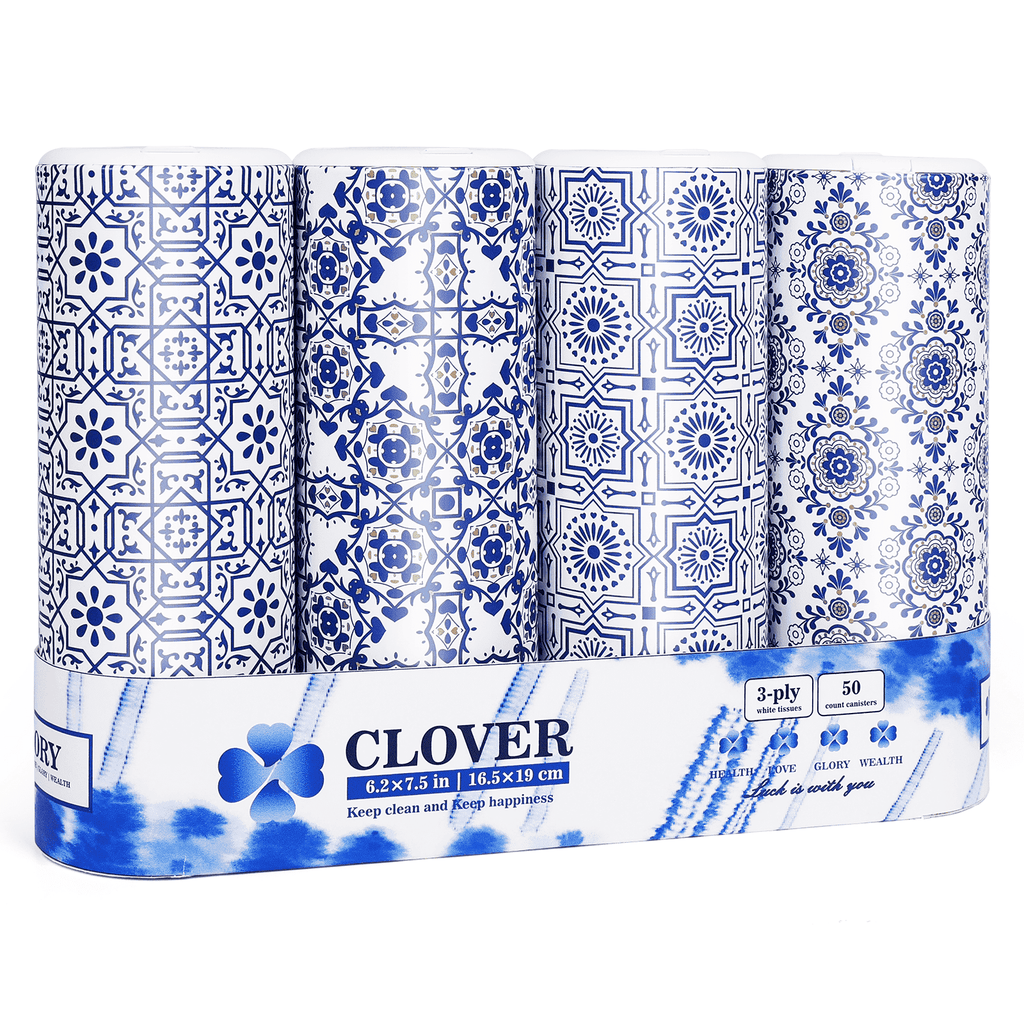 Clover Cylinder Facial Tissues for Car or Small Space，4 Tubes 3-Ply White & Blue Car Tissus for Travel