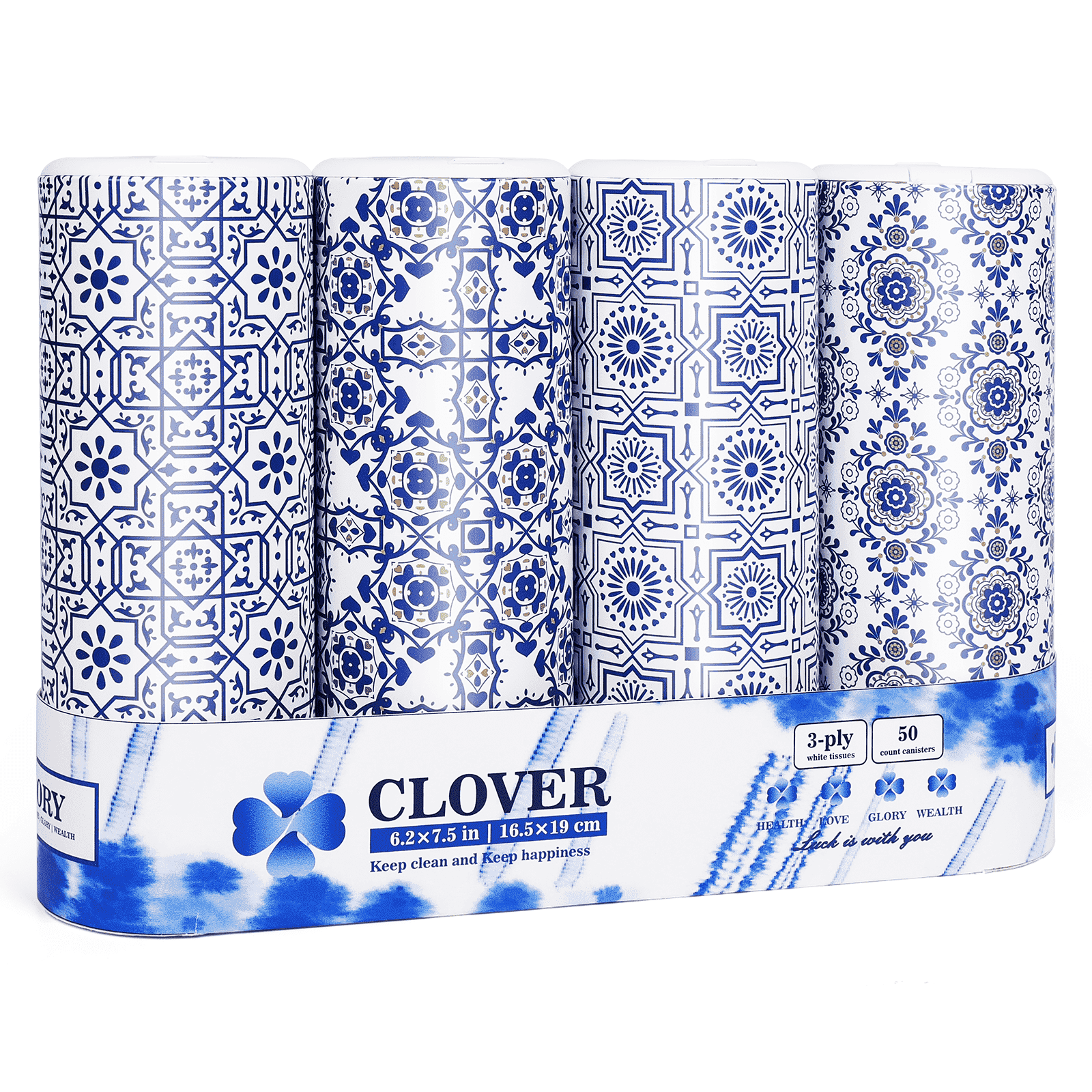 Clover Cylinder Facial Tissues for Car or Small Space，4 Tubes 3-Ply White & Blue Car Tissus for Travel