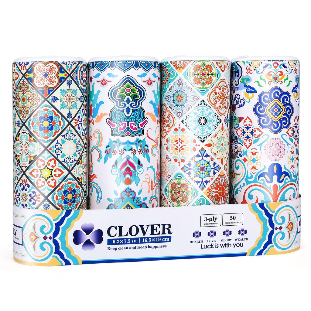 Clover Round Facial Tissues for Car - Small Space, 4 Tubes 3-Ply Multi-Color Car Tissus for Travel