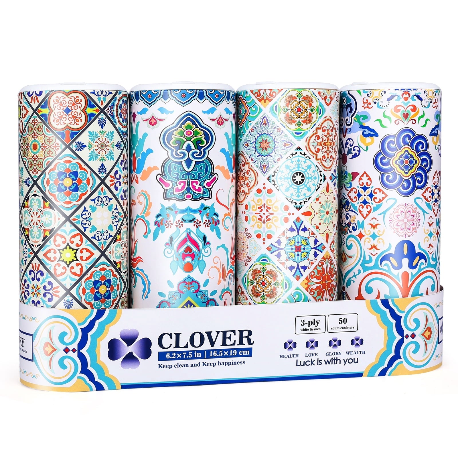 Clover Round Facial Tissues for Car - Small Space, 4 Tubes 3-Ply Multi-Color Car Tissus for Travel