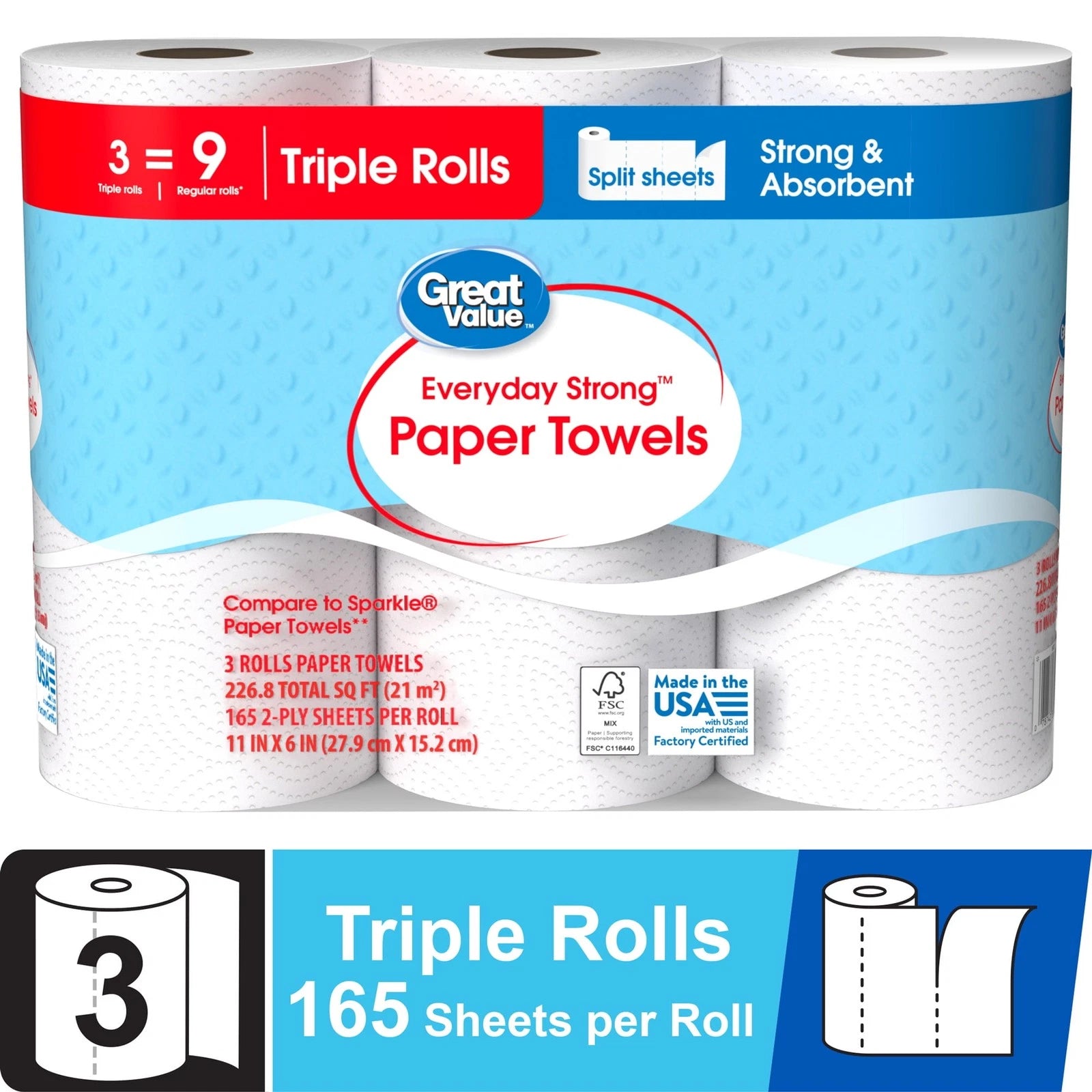ELVY- Everyday Strong Paper Towels - Split Sheets, 3 Triple Rolls, Compare To Sparkle