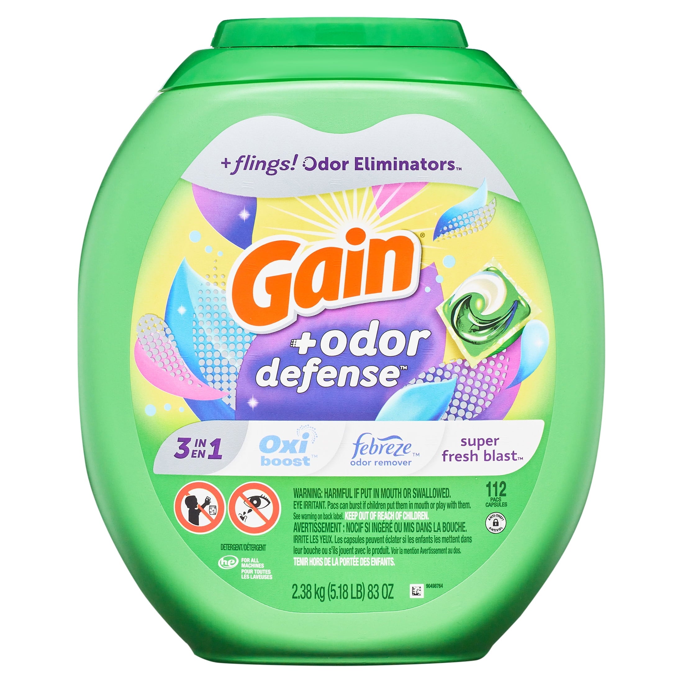Gain Flings Laundry Detergent Pacs with Odor Defense - Super Fresh Blast Scent, 112 Count