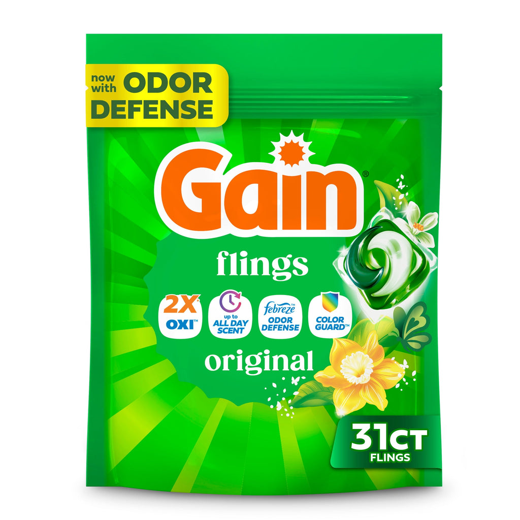 Gain Flings Laundry Detergent Soap Pacs - 4-in-1 Oxi Boost and Febreze, Original Scent, 31 Count