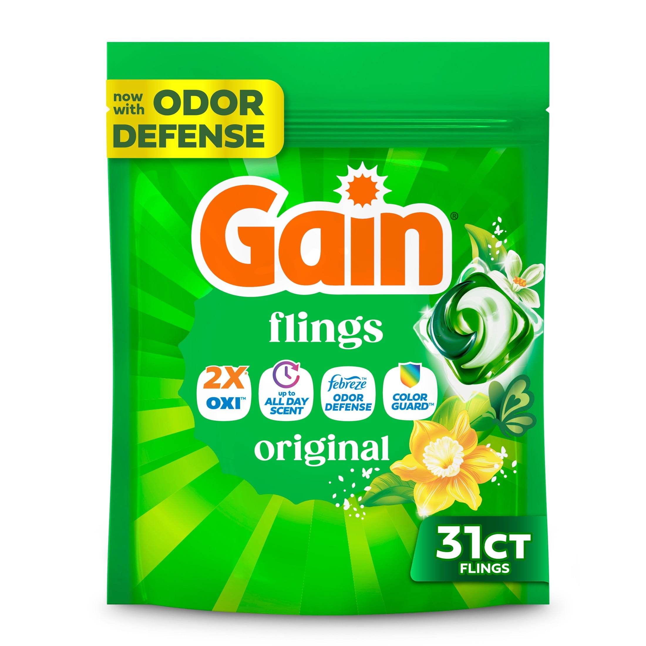 Gain Flings Laundry Detergent Soap Pacs - 4-in-1 Oxi Boost and Febreze, Original Scent, 31 Count