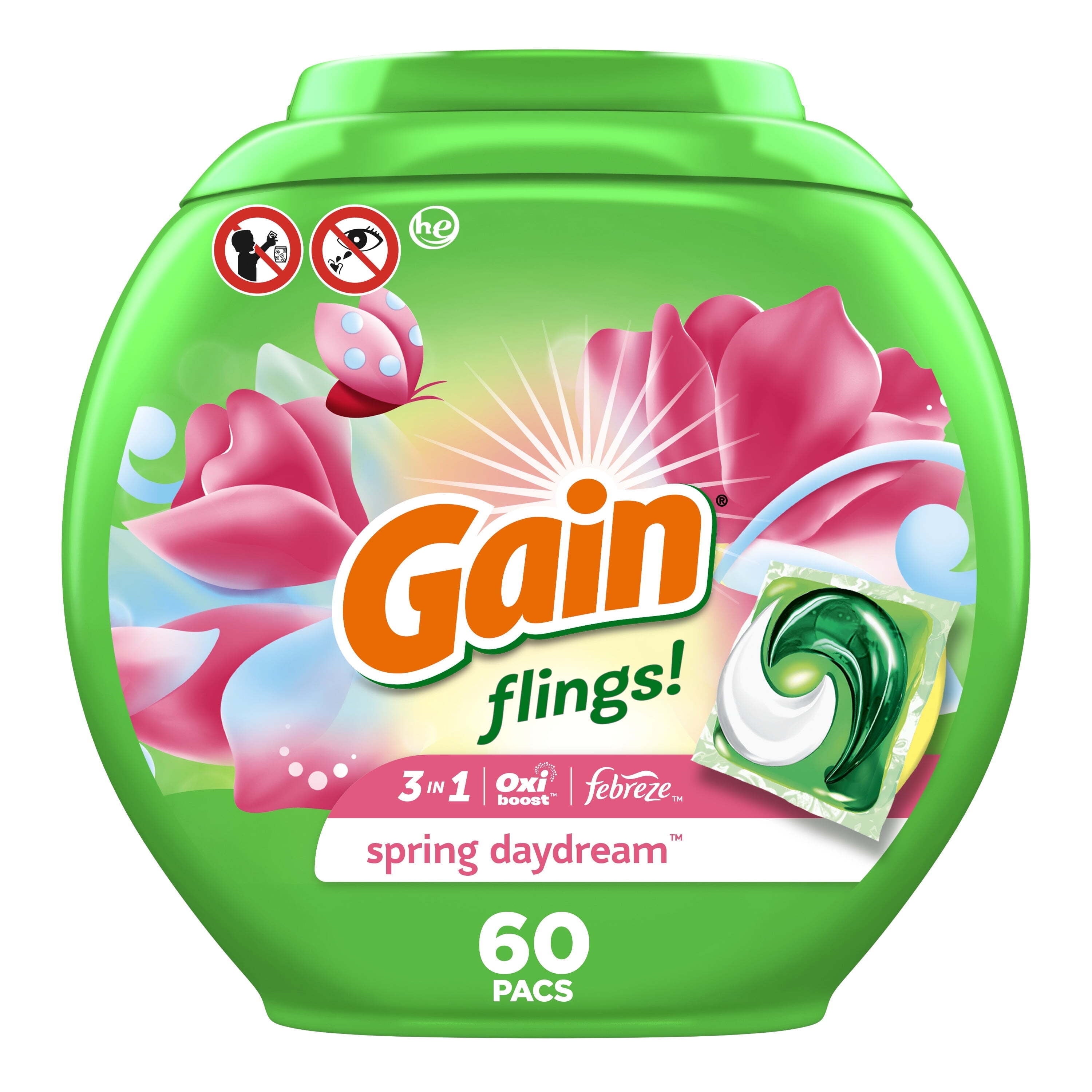 Gain Flings Liquid Laundry Detergent Pacs - Spring Daydream Scent, 60 Count