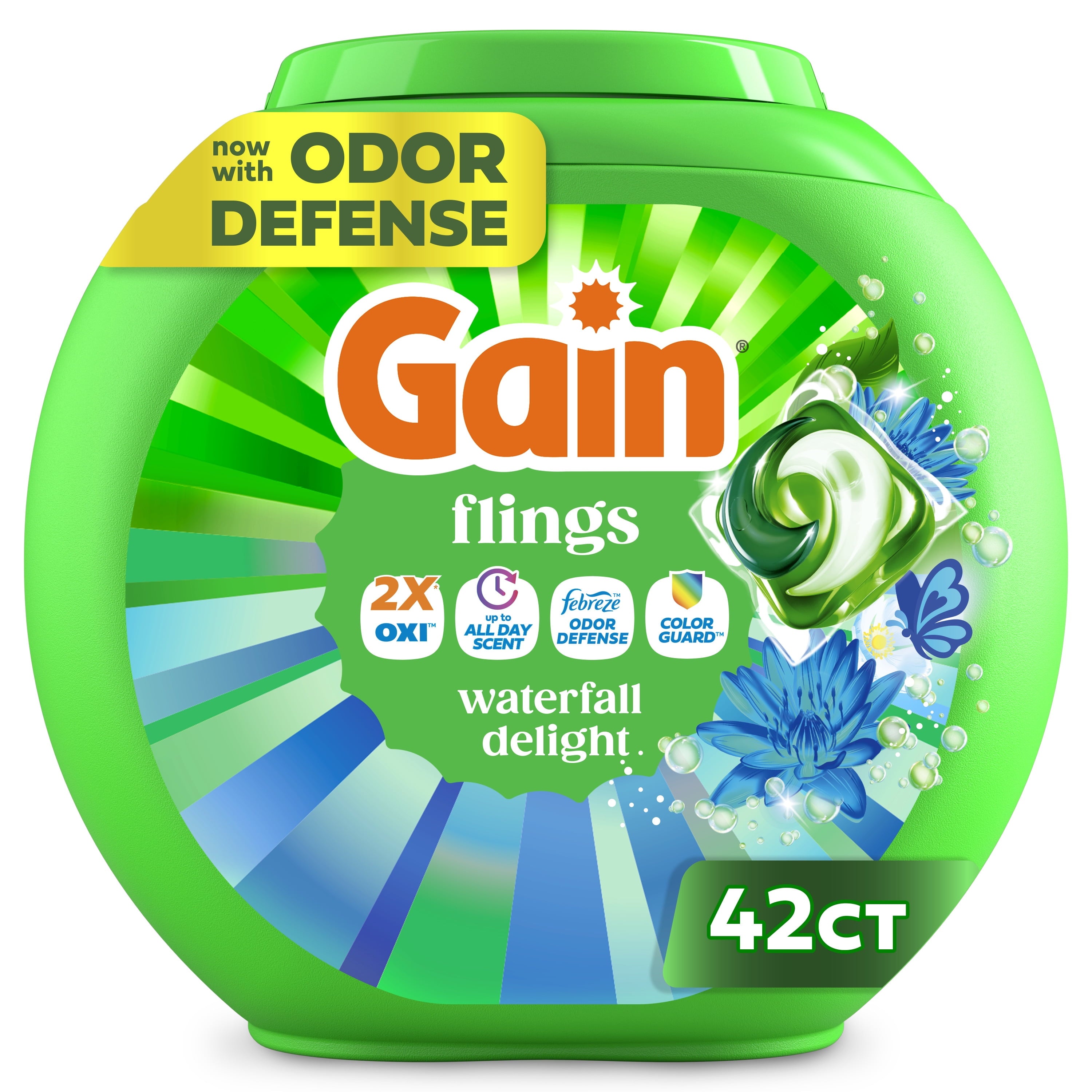 Gain Flings Liquid Washing Detergent pacs - Now with Odor Defense + Color Guard, Waterfall Delight Scent, 42 Count, 4-In-1 liquid laundry detergent pacs, clean & fresh