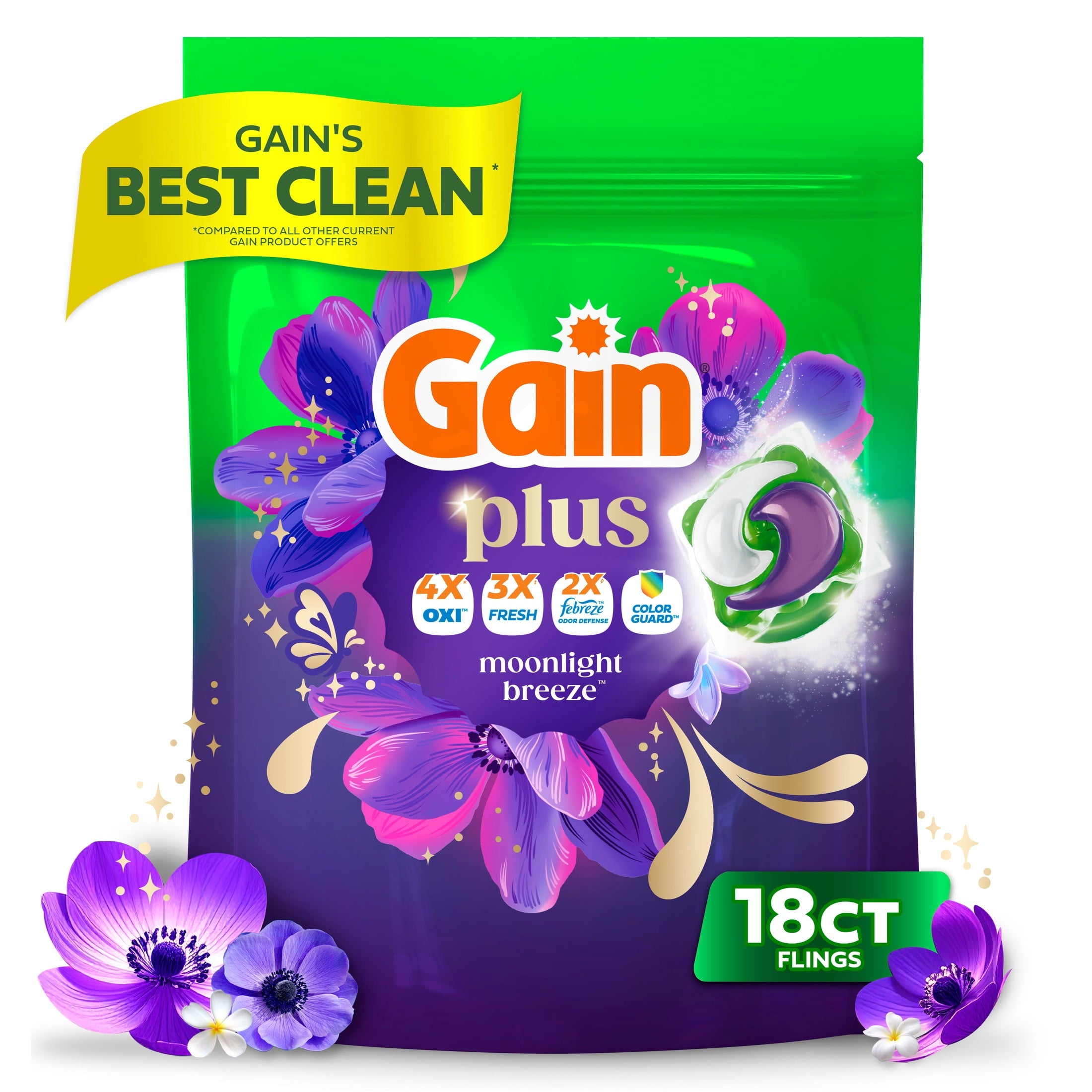 Gain Plus Flings Laundry Detergent Liquid Washing Pacs - Gain's Best All-In-One Clean, Moonlight Breeze Scent, 18 Count