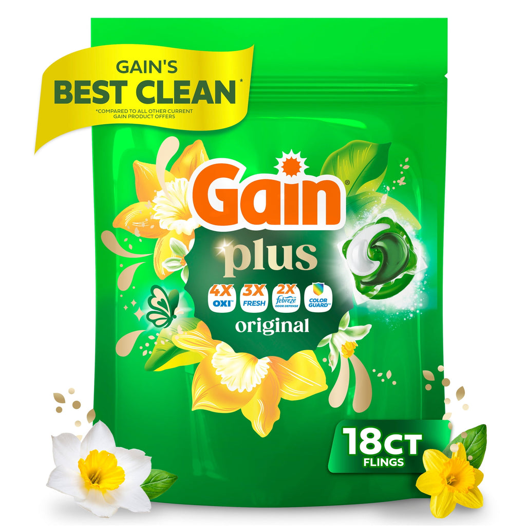 Gain Plus Flings Laundry Detergent Liquid Washing Pacs - Gain's Best All-In-One Clean, Original Scent, 18 Count