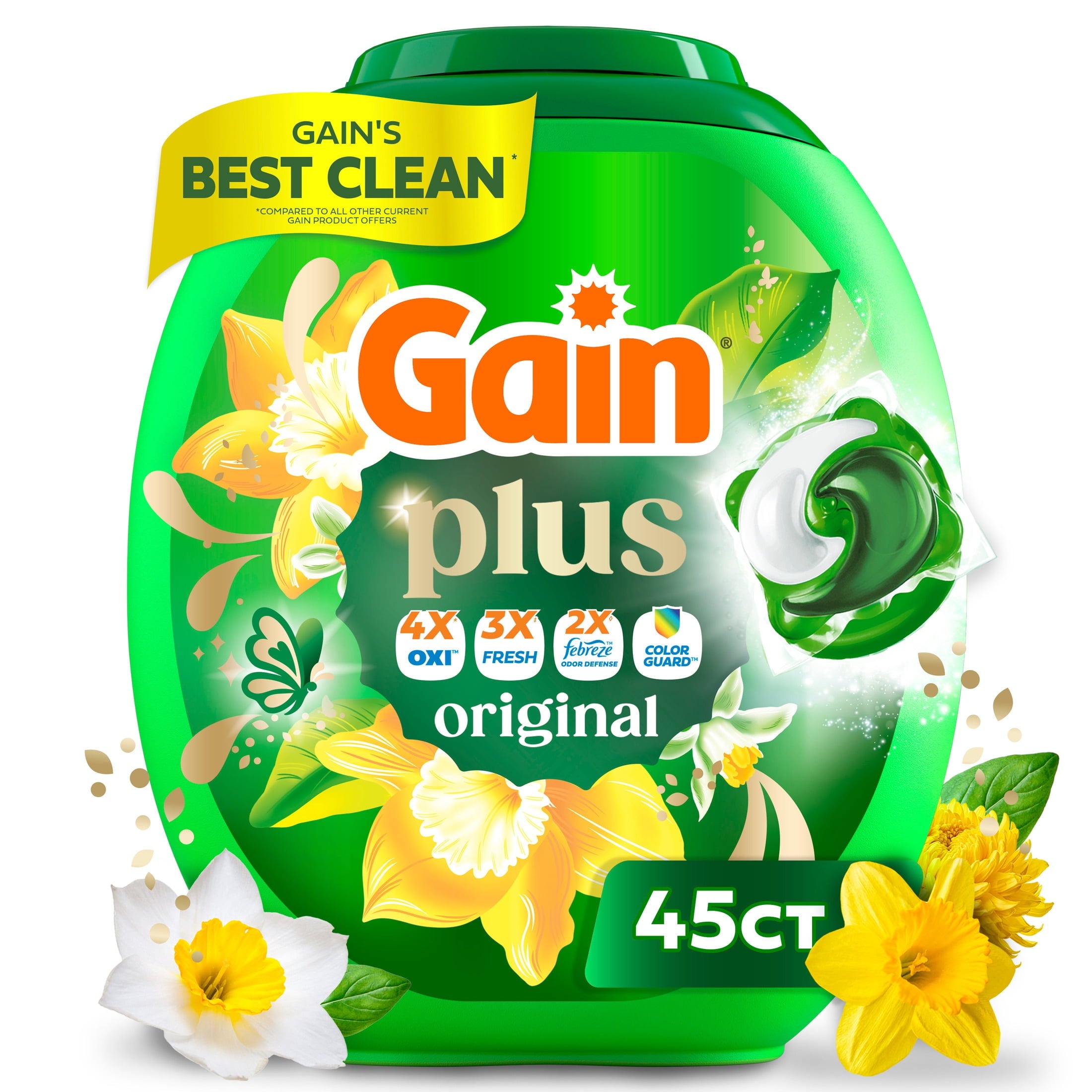 Gain Plus Flings Laundry Detergent Liquid Washing Pacs - Gain's Best All-In-One Clean, Original Scent, 45 Count