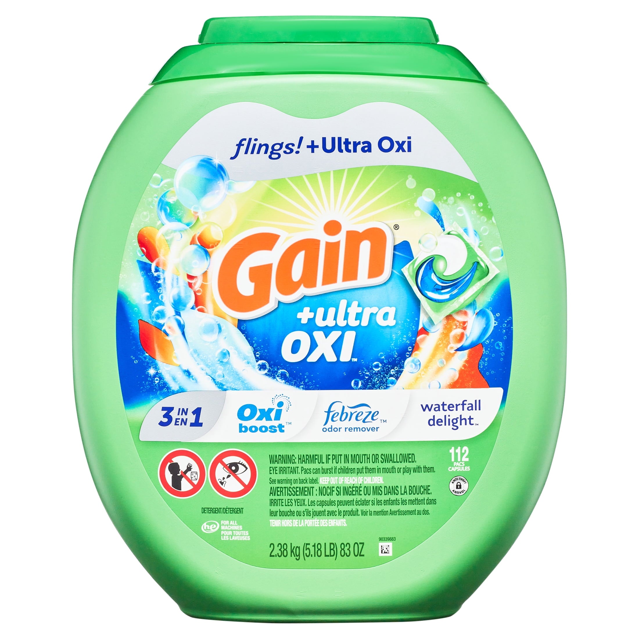 Gain Flings Ultra Oxi Laundry Detergent Pacs - Waterfall Delight Scent, 112 Count