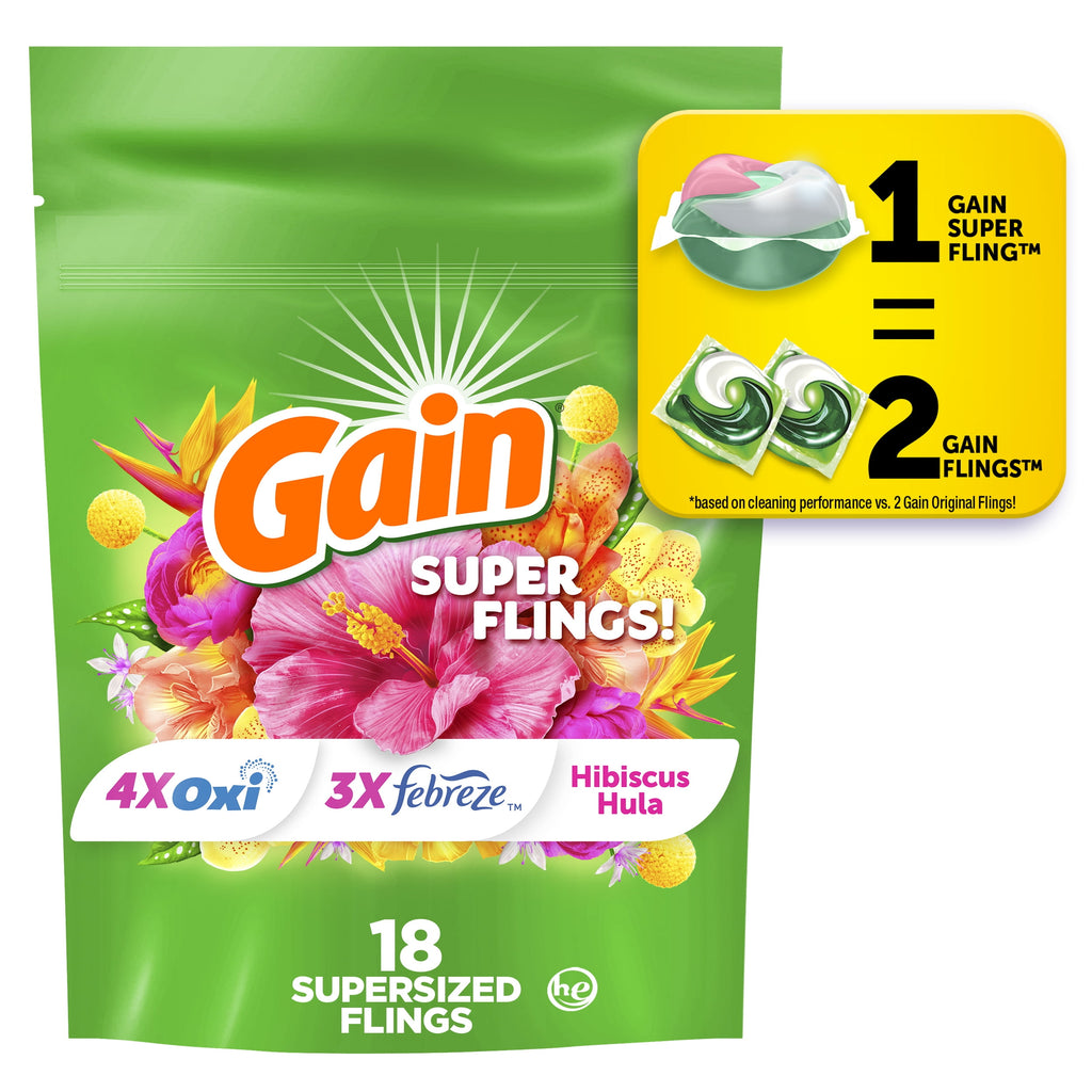 Gain Plus Flings Laundry Detergent Soap Pacs - All-In-One, Happy Hibiscus Scent, 18 Count