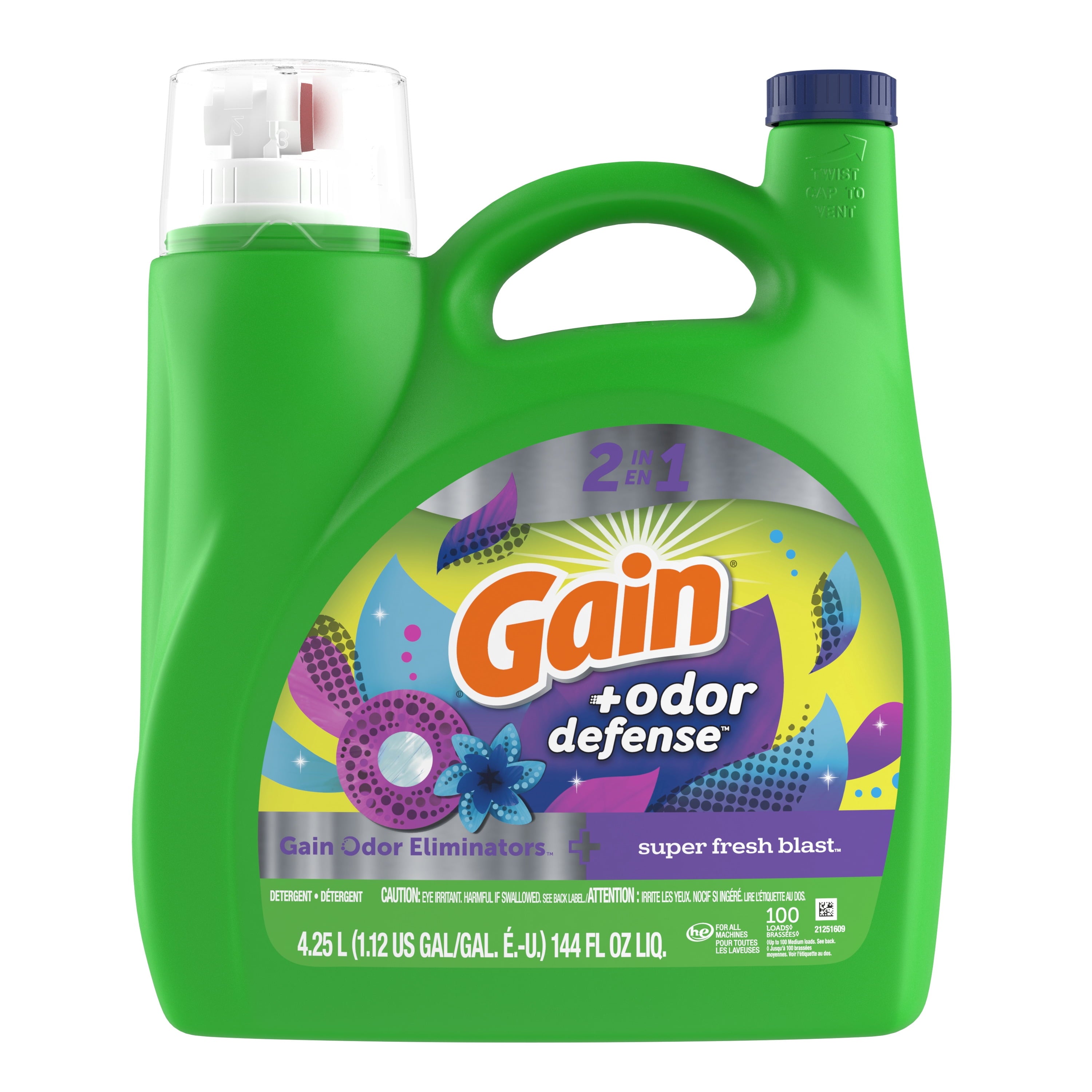 Gain Odor Defense Liquid Laundry Detergent - Super Fresh Blast Scent, 144 fl oz, 100 loads, 2 in 1, Laundry Detergent Liquid Soap