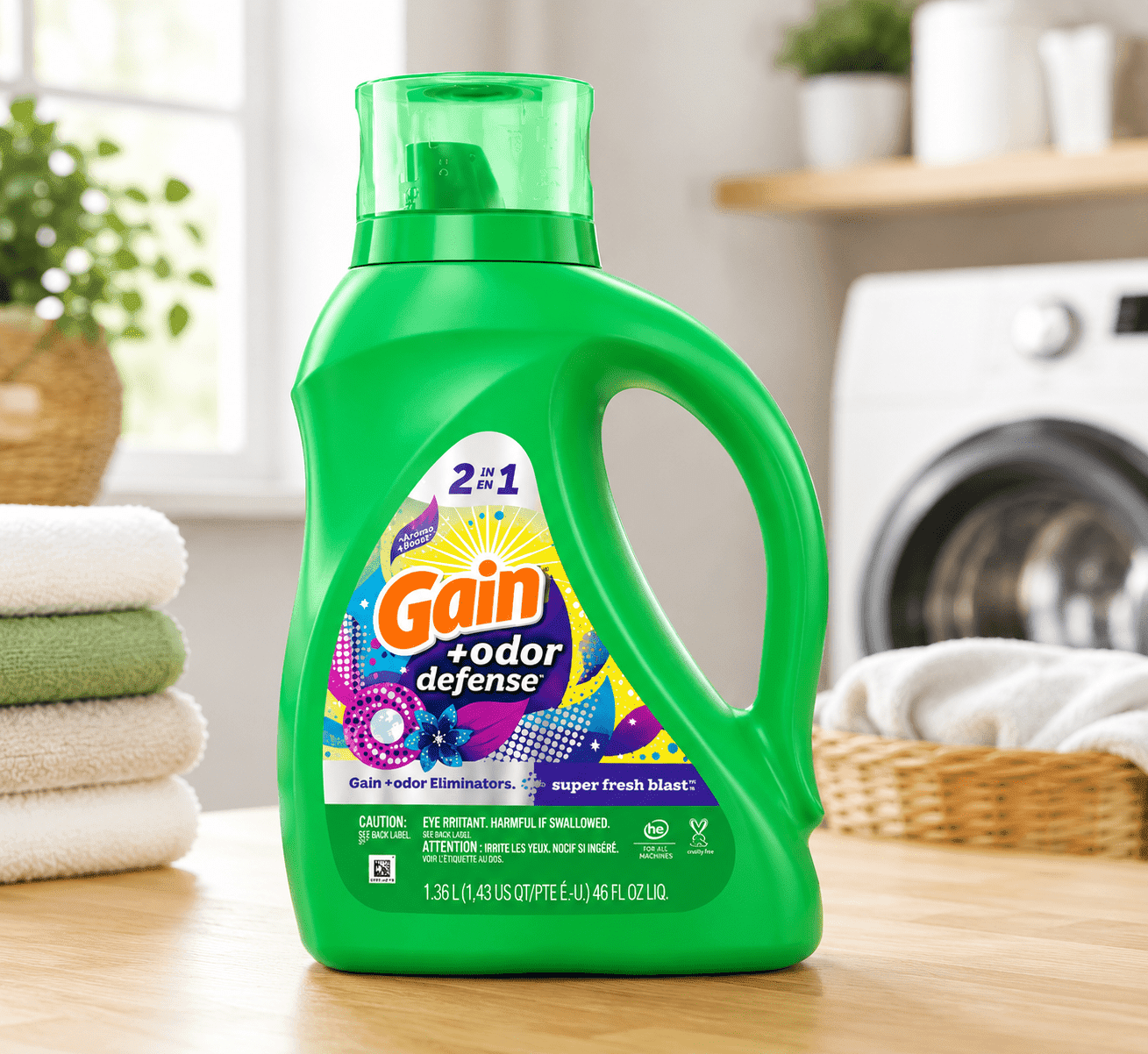 Gain + Odor Defense Liquid Laundry Detergent with Odor Eliminators - Super Fresh Blast Scent, 46 fl oz, 32 Loads
