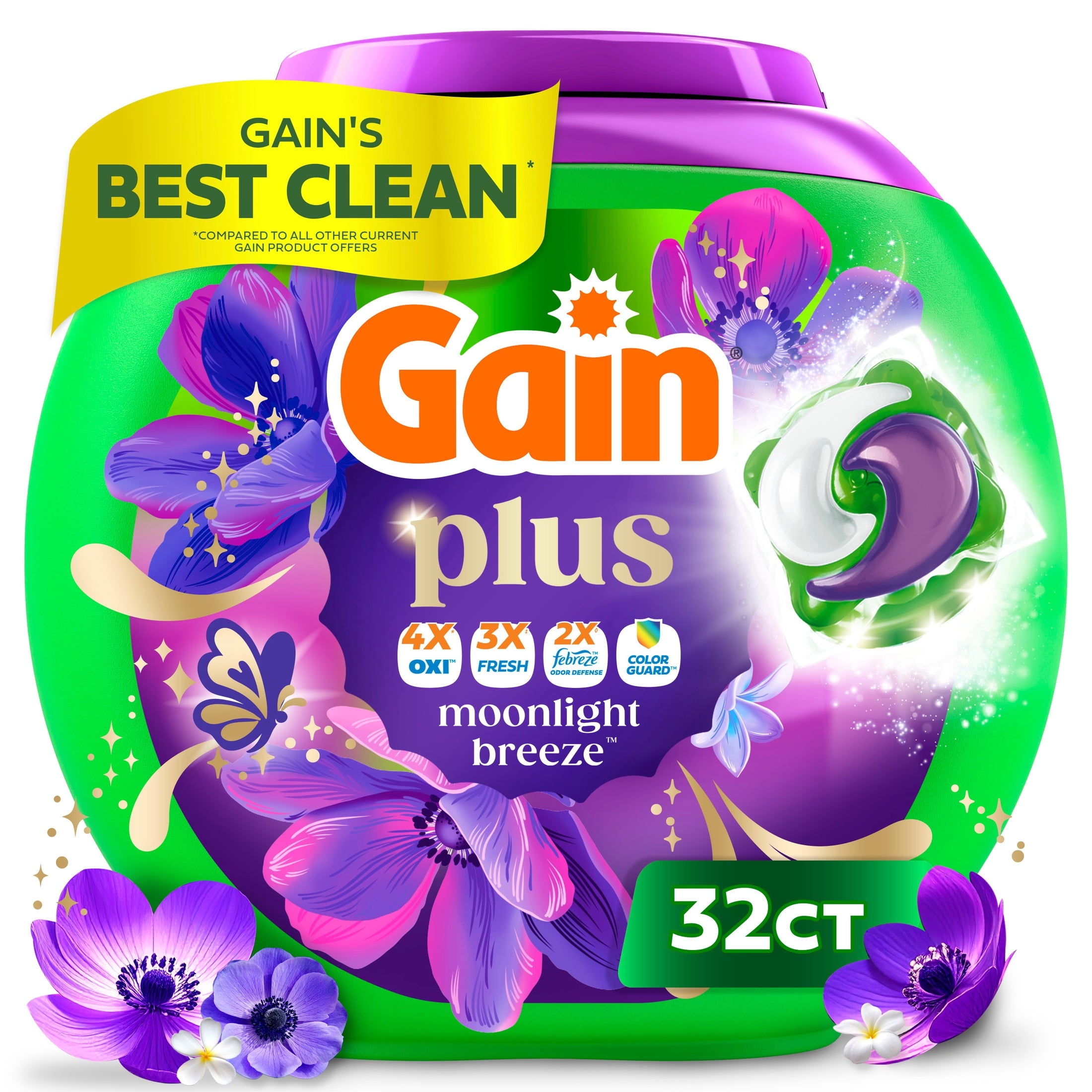 Gain Plus Flings Laundry Detergent Liquid Washing Pacs - Gain's Best All-In-One Clean, Moonlight Breeze Scent, 32 Count