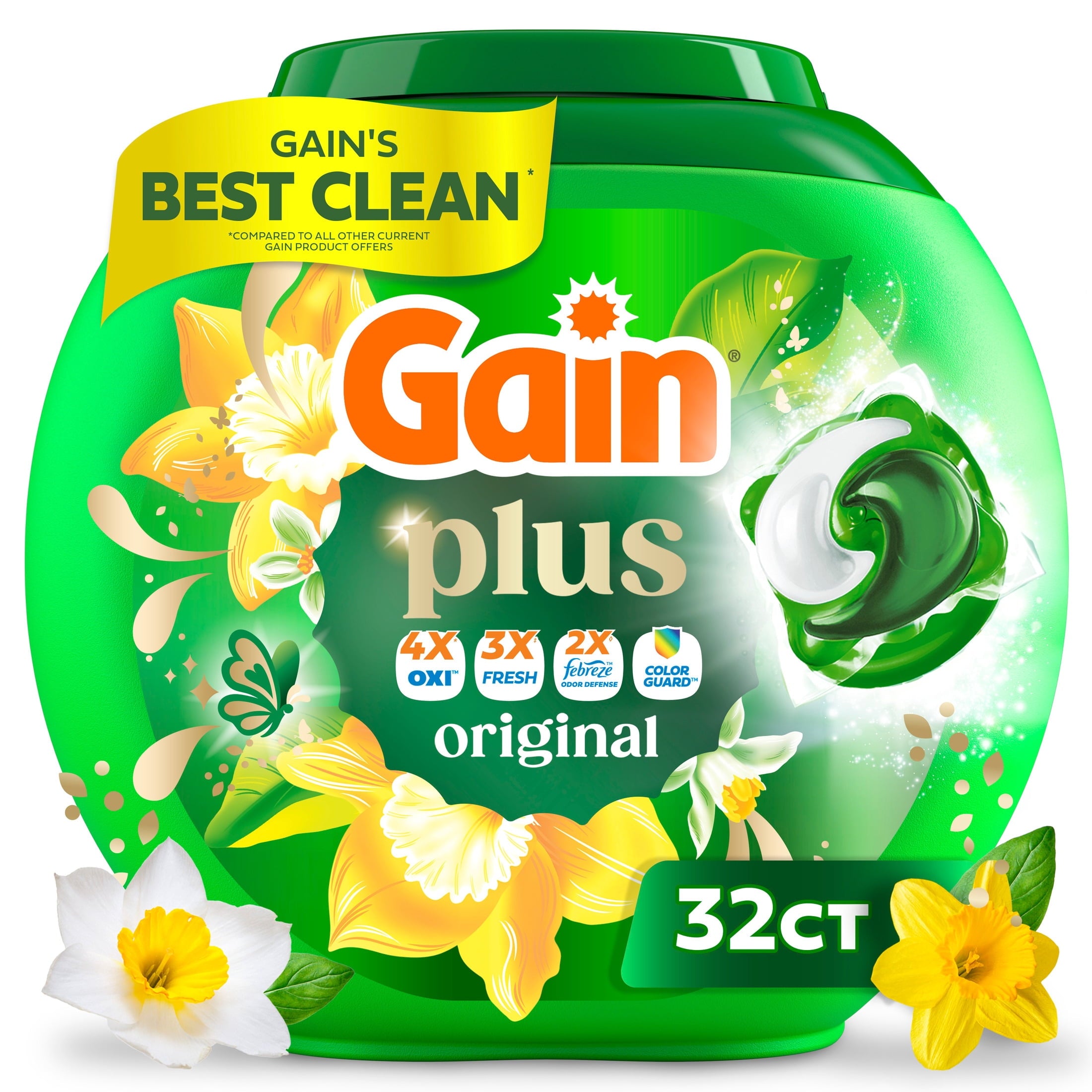 Gain Plus Flings Laundry Detergent Liquid Washing Pacs - Gain's Best All-In-One Clean, Original Scent, 32 Count