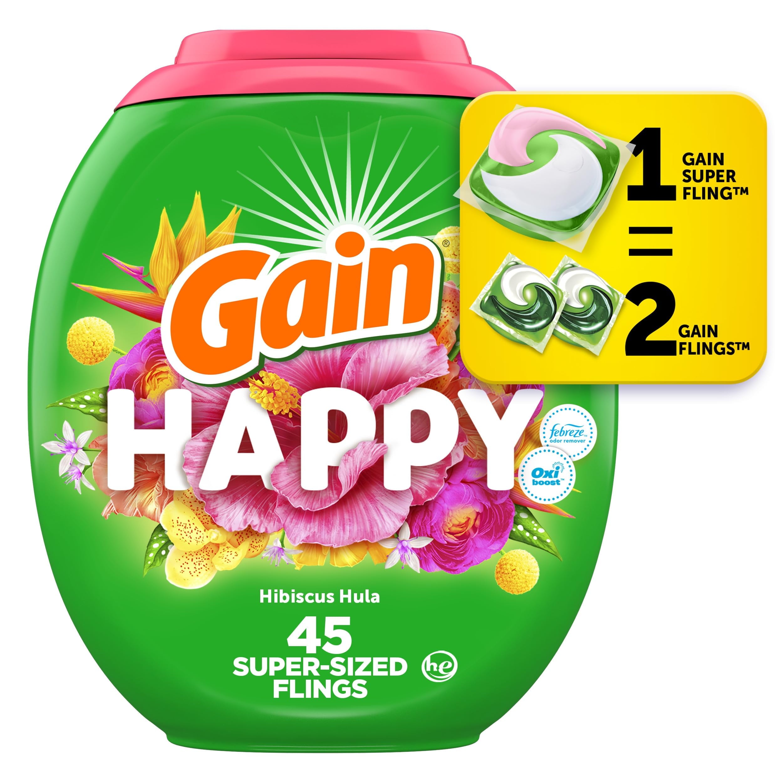 Gain Super Sized Flings Laundry Detergent Pacs - 3-in-1 Detergent Pacs with Febreze and Oxi, Happy Scent, 45 Count