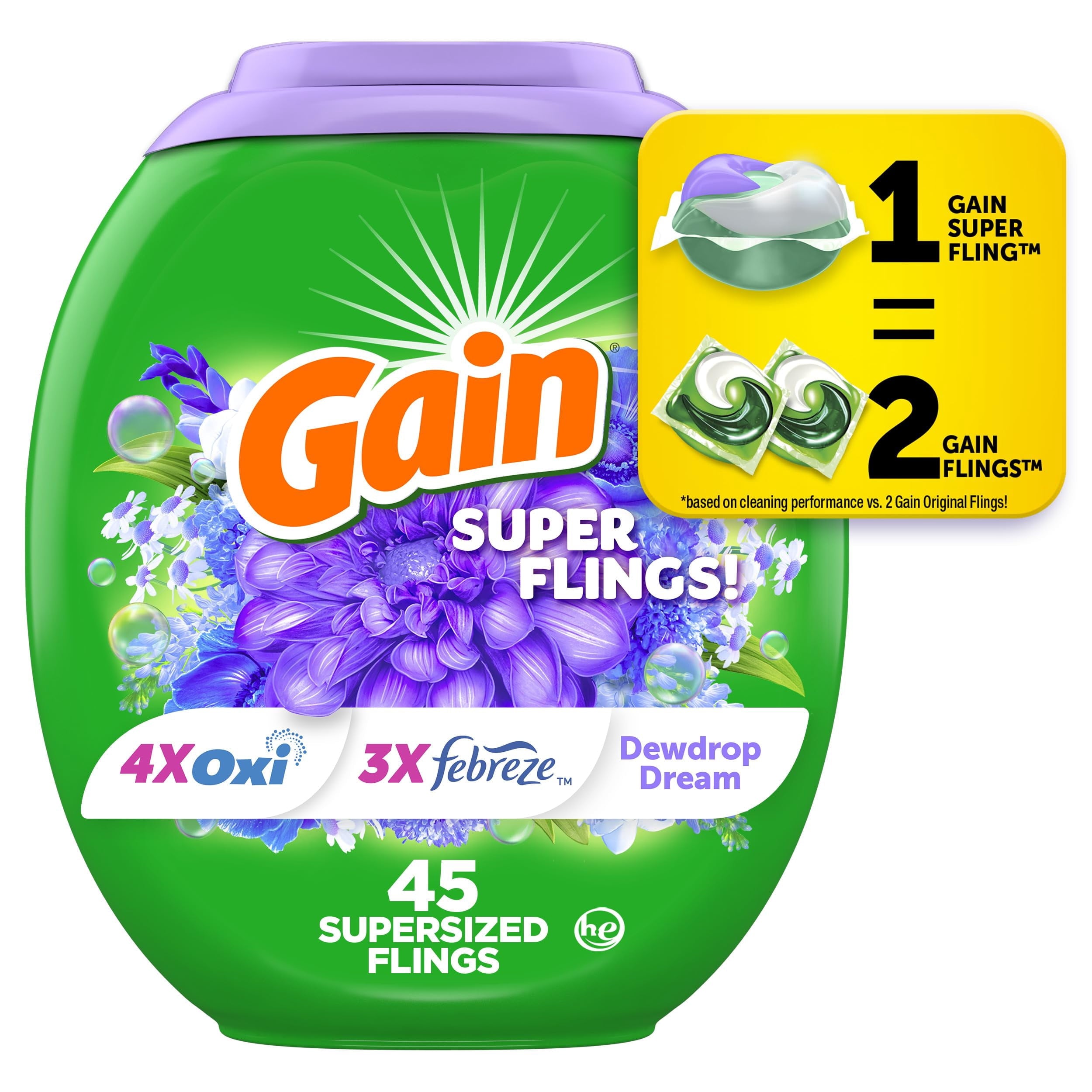 Gain Super Flings Laundry Detergent Pacs - 45 Count, Dewdrop Dream scent, clean and fresh washing detergent laundry soap pacs
