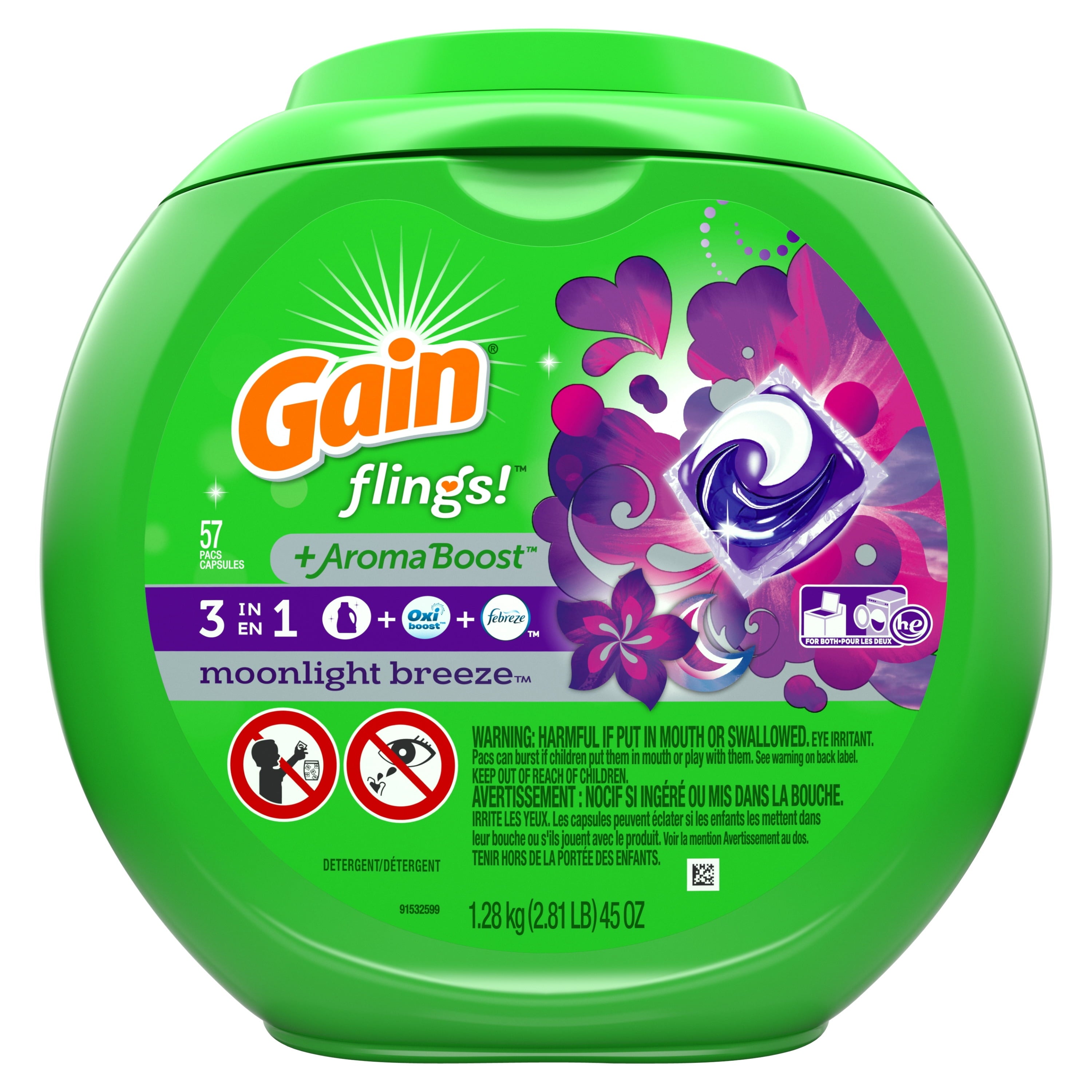Gain flings! plus Aroma Boost Laundry Detergent Pacs - Moonlight Breeze, 57 Count