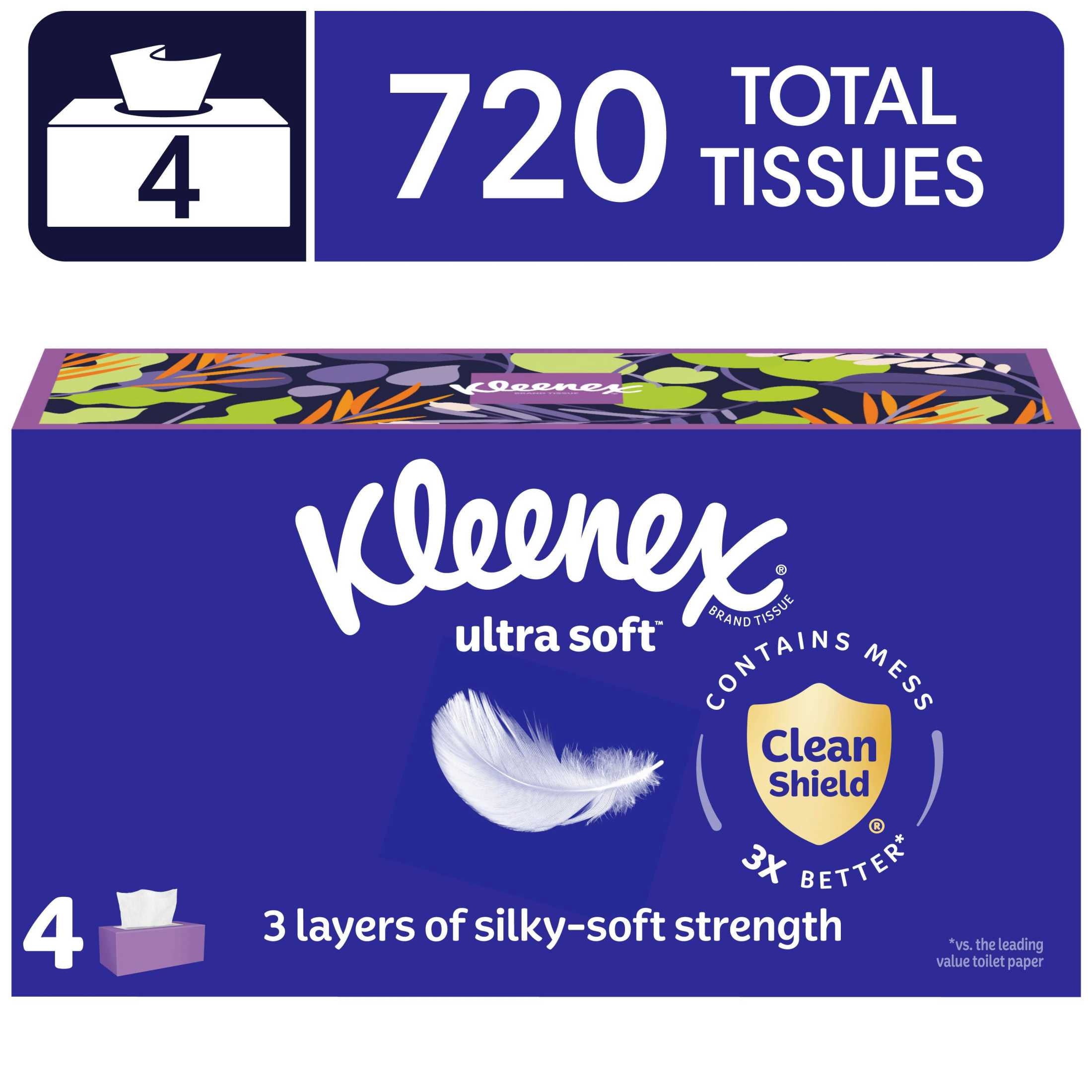 Kleenex Ultra Soft Facial Tissues - 4 Flat Boxes, 180 Tissues per Box, 3-Ply