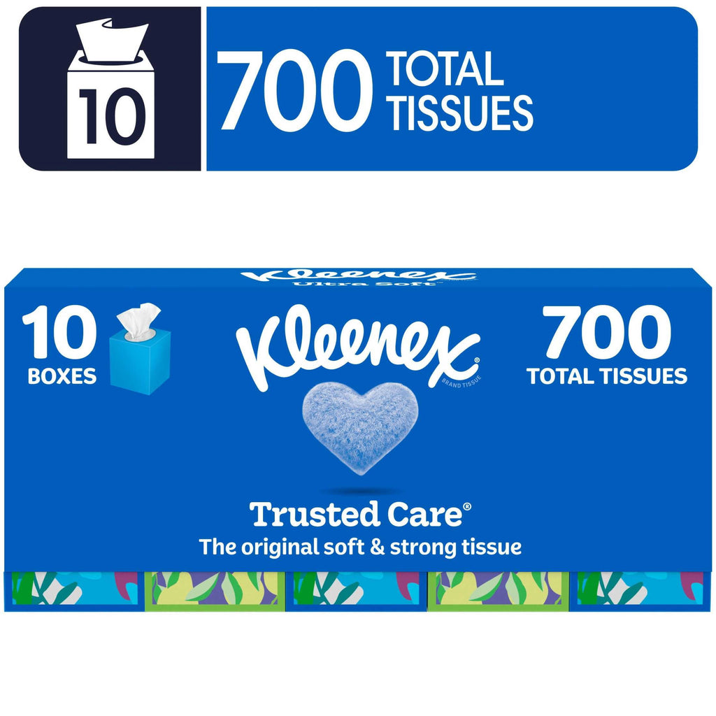 Kleenex Trusted Care Facial Tissues - 10 Cube Boxes, 70 Tissues per Box, 2-Ply