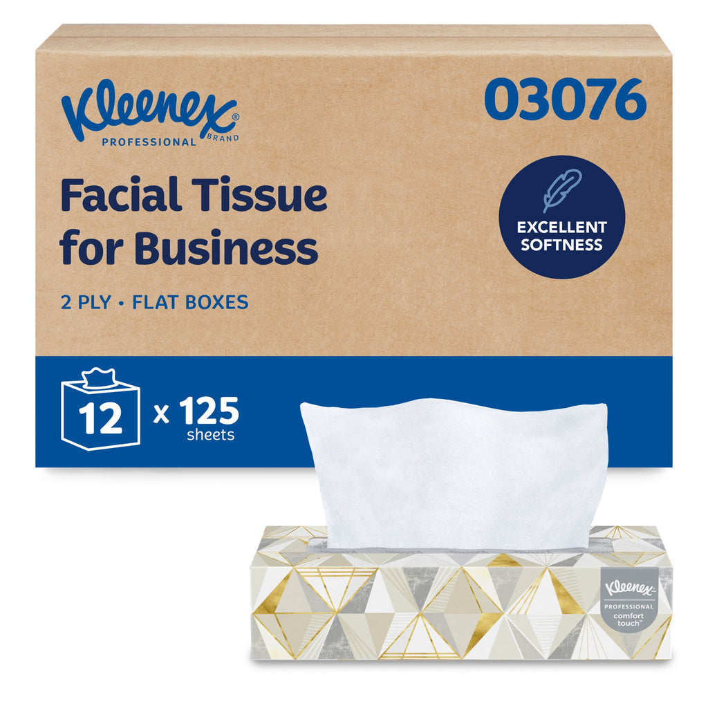 Kleenex® Professional Facial Tissue - Bulk (03076), 2-Ply, White, Flat Boxes Designed for Business, Convenience Case (12 Boxes, 125 Tissues Each)