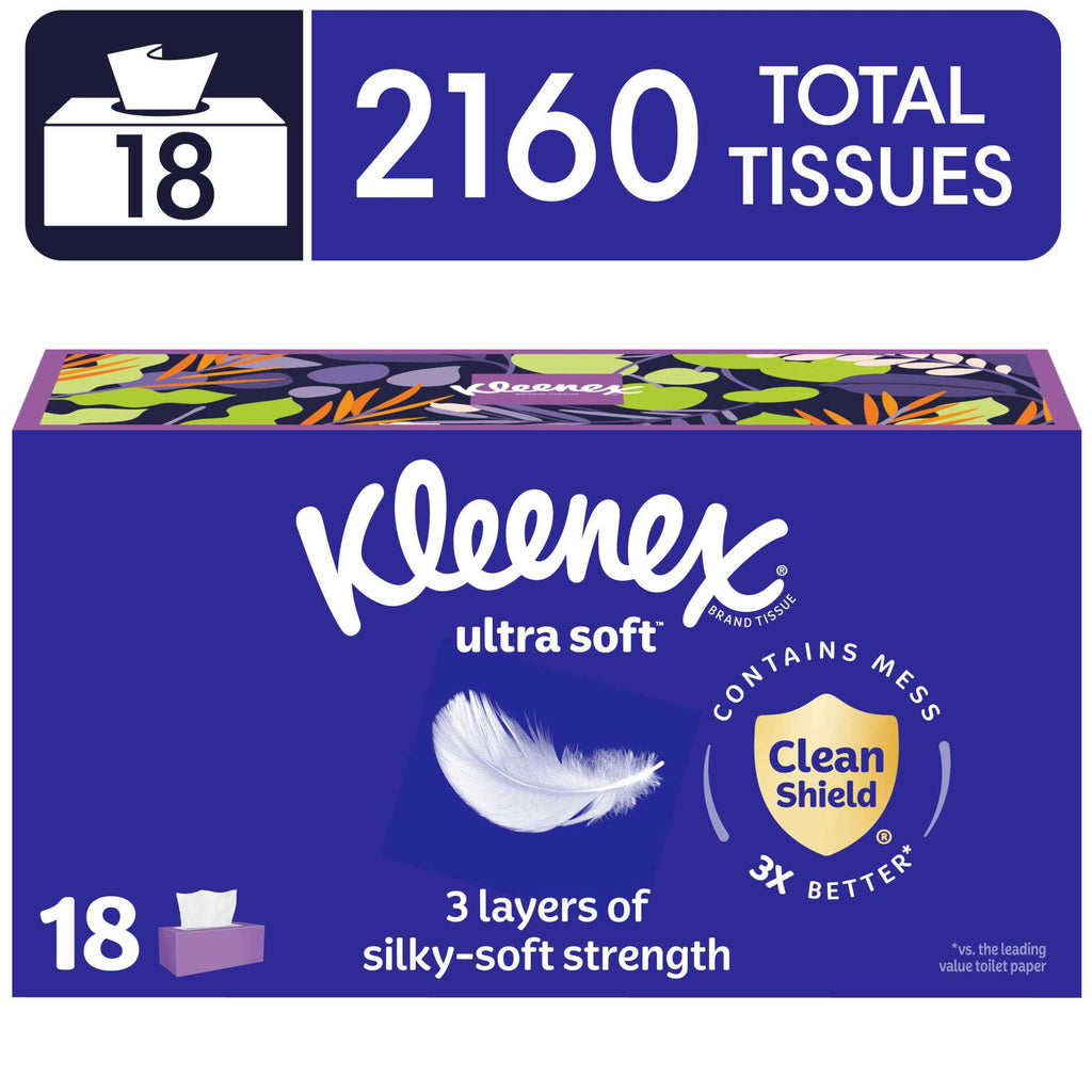 Kleenex Ultra Soft Facial Tissues - 18 Flat Boxes, 120 Tissues per Box, 3-Ply