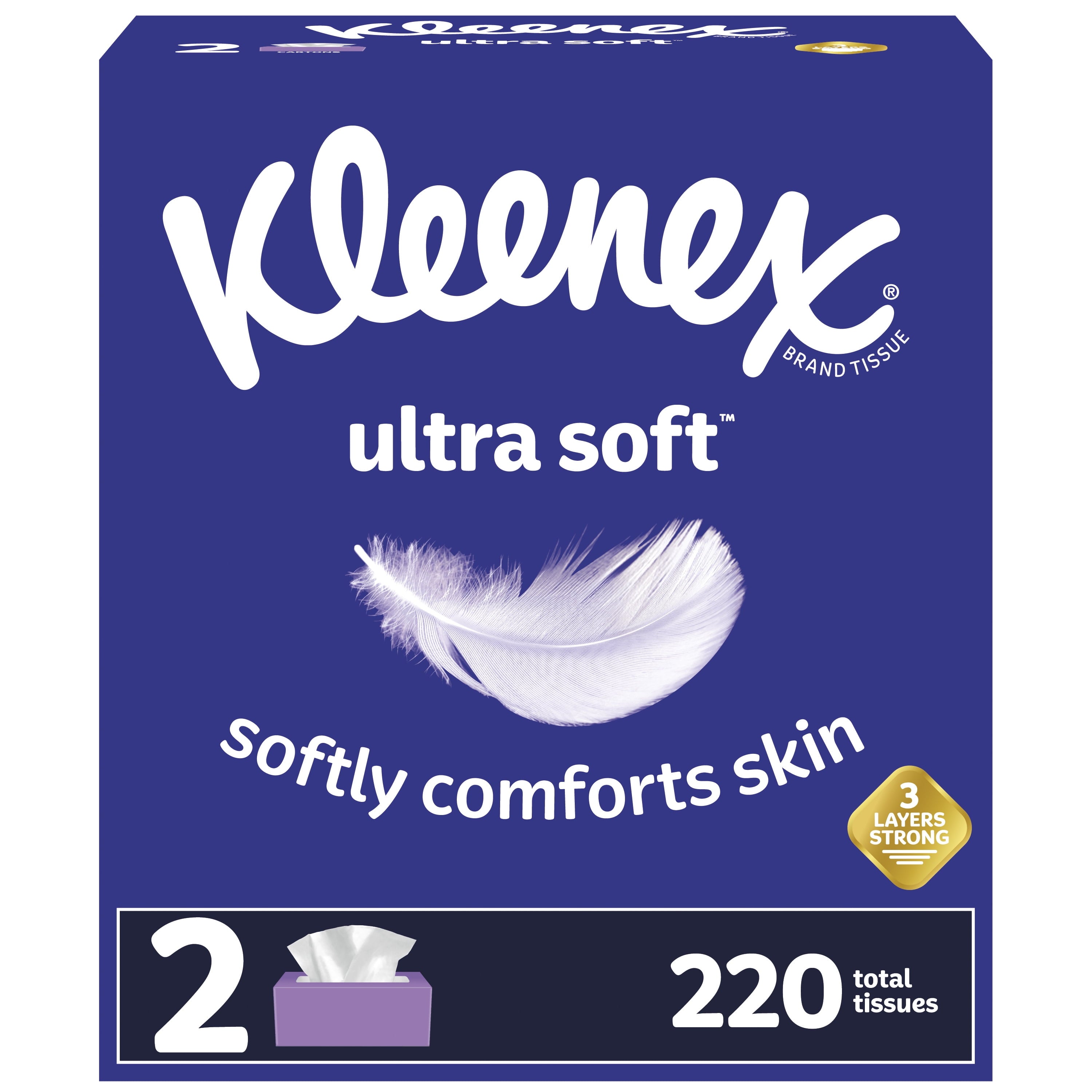 Kleenex Ultra Soft Facial Tissues - 2 Flat Boxes, 110 White Tissues per Box, 3-Ply (220 Total)