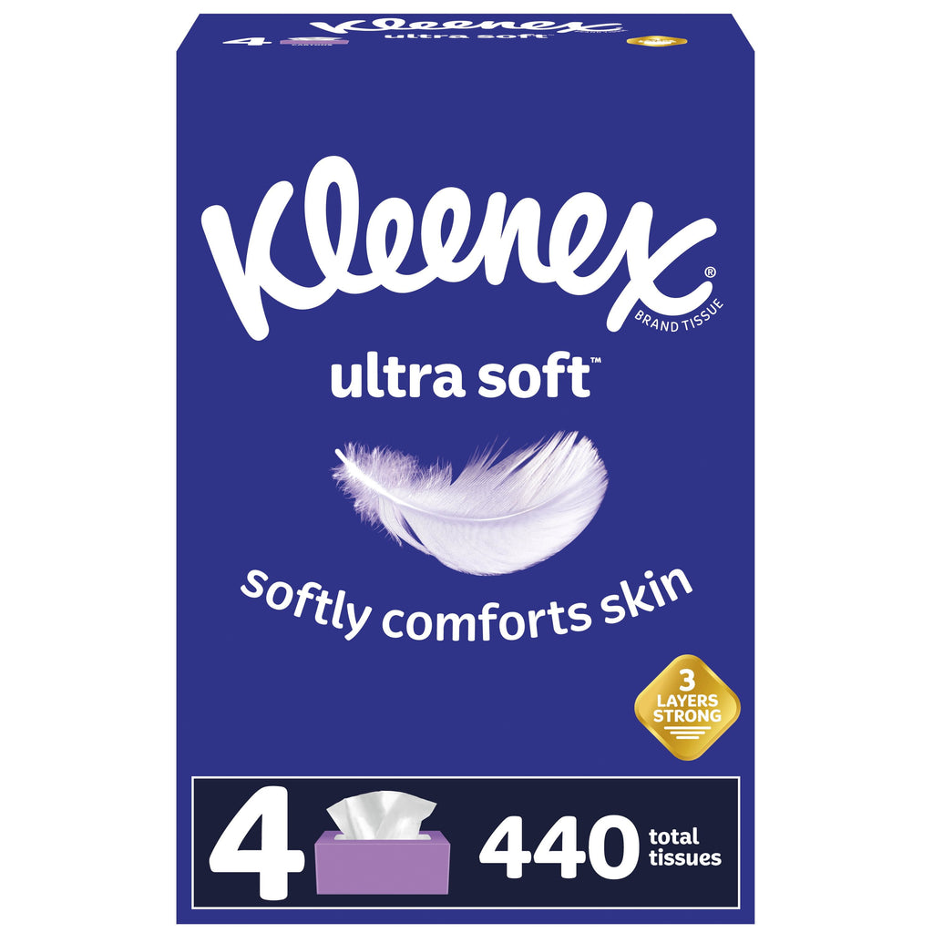 Kleenex Ultra Soft Facial Tissues - 4 Flat Boxes, 110 White Tissues per Box, 3-Ply (440 Total)