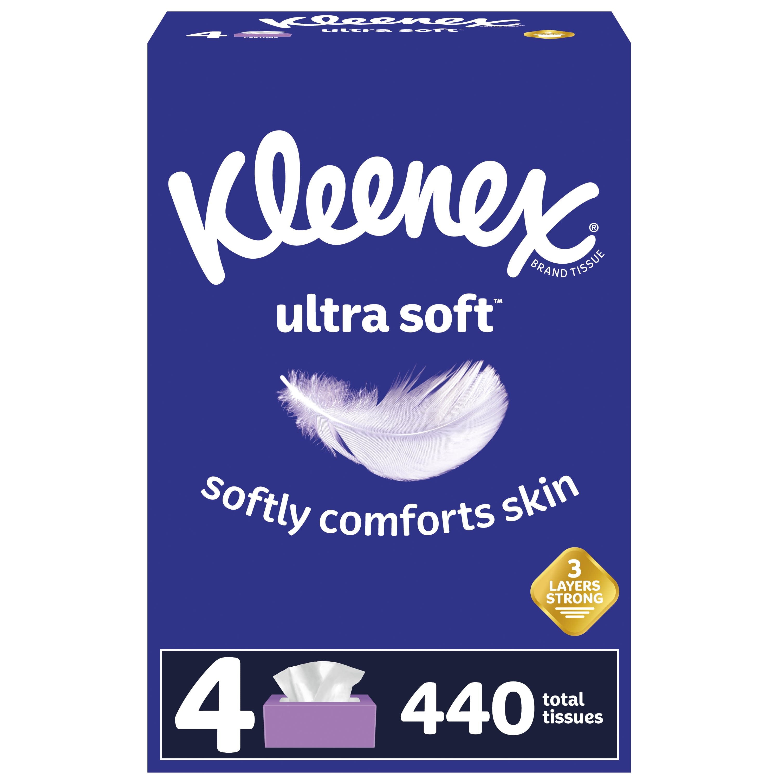 Kleenex Ultra Soft Facial Tissues - 4 Flat Boxes, 110 White Tissues per Box, 3-Ply (440 Total)