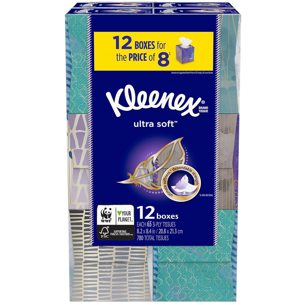Kleenex Ultra Soft Facial Tissues - Cube Boxes, 12 Pack, 65 Tissues