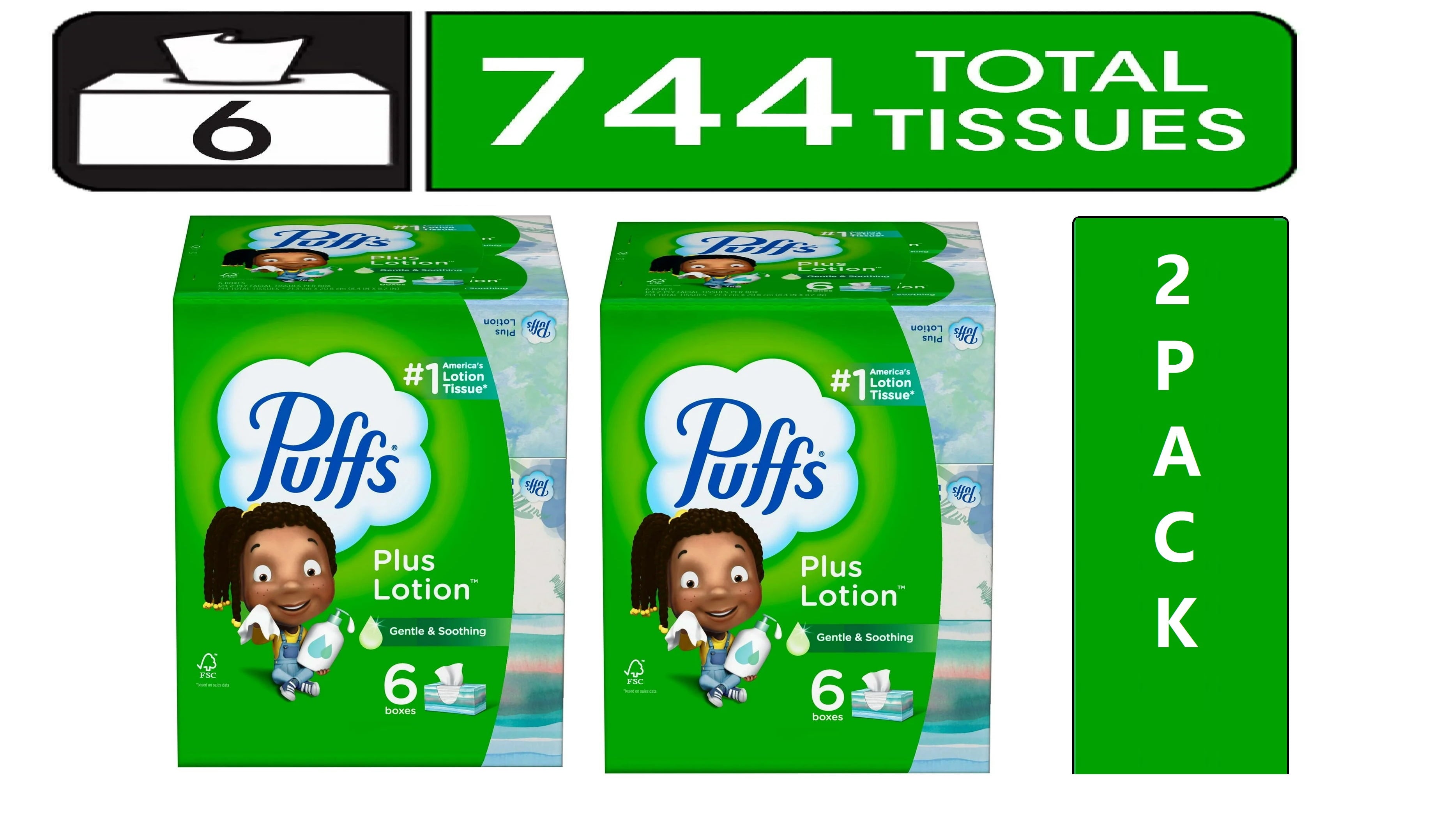 Pack of 2 Puffs Plus Lotion Facial Tissue - 6 Family Size Boxes, 124 Tissues per Box