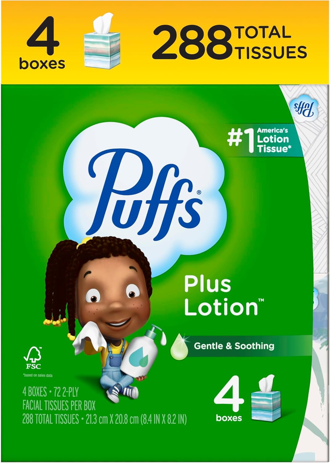 Puffs Plus Lotion Facial STF9 Tissue - 4 Mega Cube Boxes, 72 Tissues Per Box