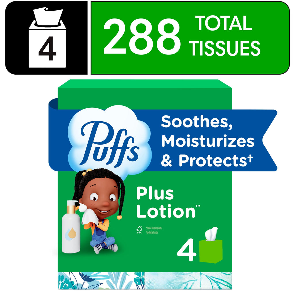 Puffs Facial Tissue Plus Lotion - 4 Mega Cube Boxes, 72 Tissues Per Box