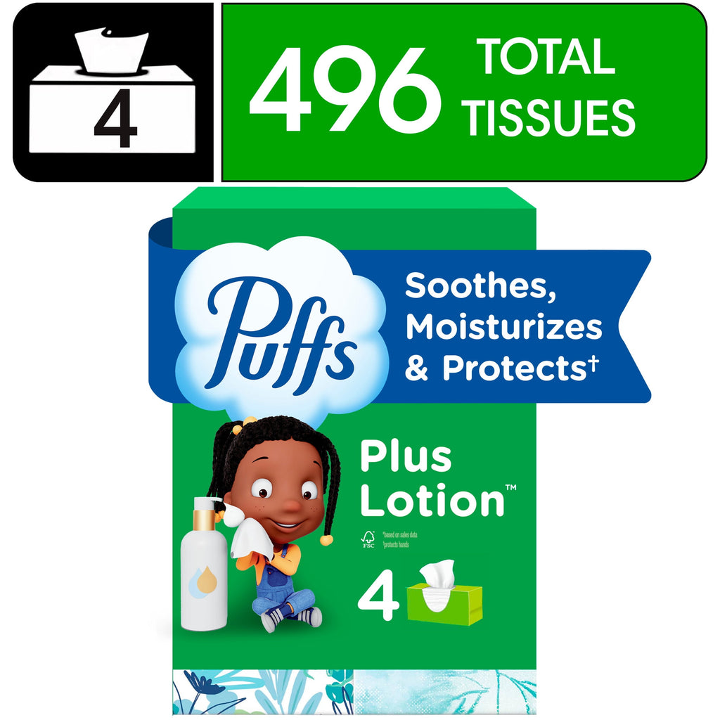 Puffs Plus Lotion Facial Tissues - 4 Family Boxes, 124 tissues per box