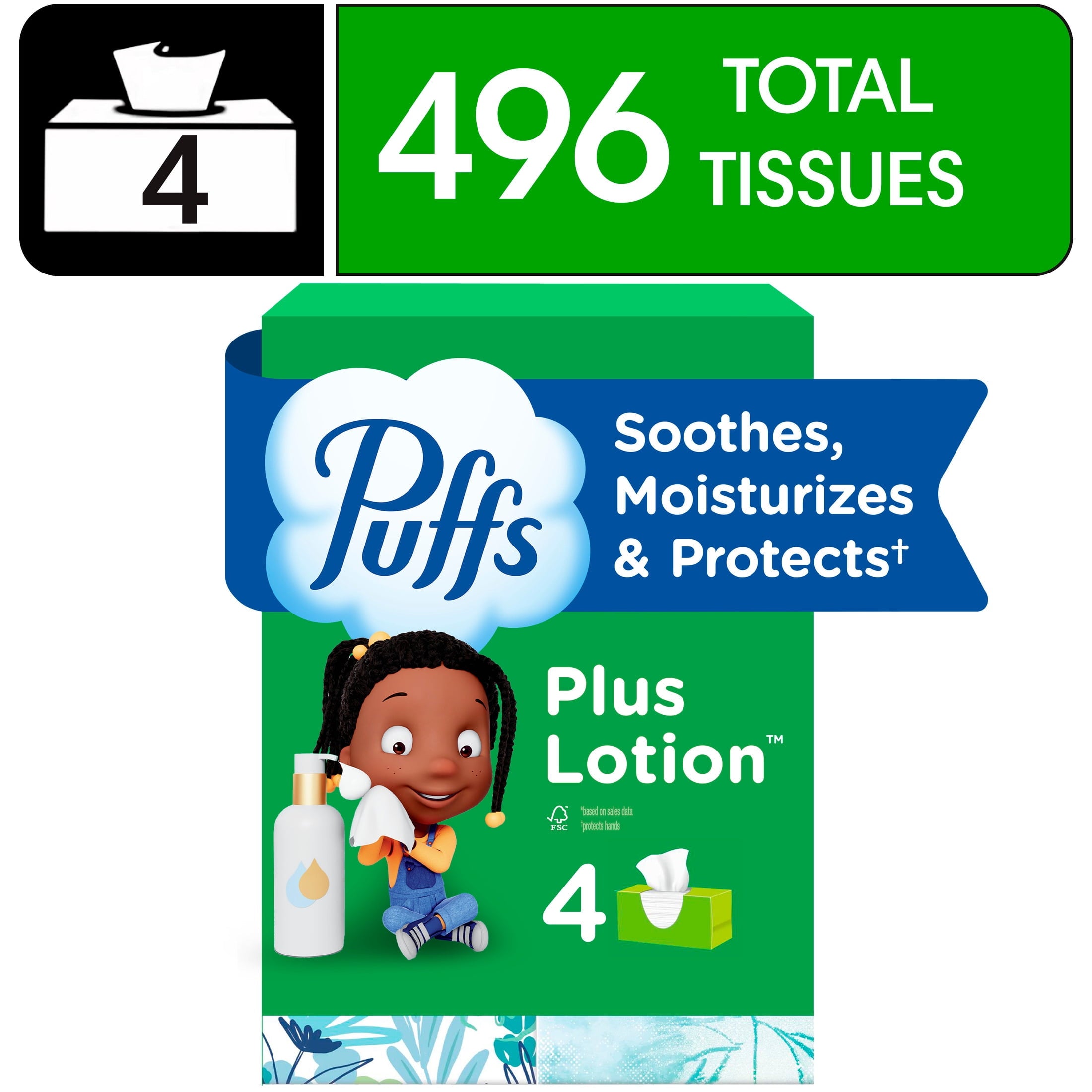 Puffs Plus Lotion Facial Tissues - 4 Family Boxes, 124 tissues per box