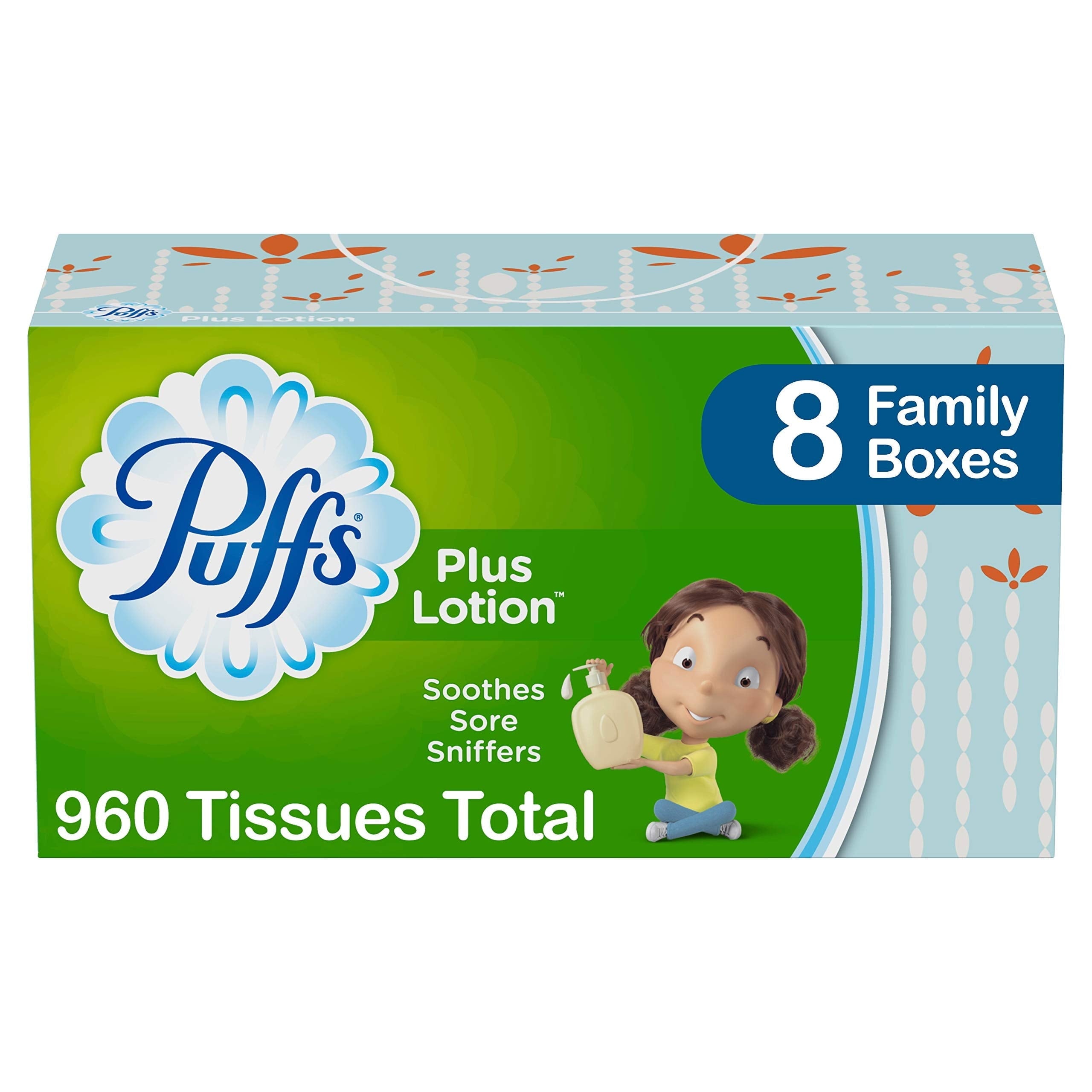 Puffs Plus Lotion Facial Tissues - 8 Family Boxes, 120 Tissues Per Box, 960 Tissues Total