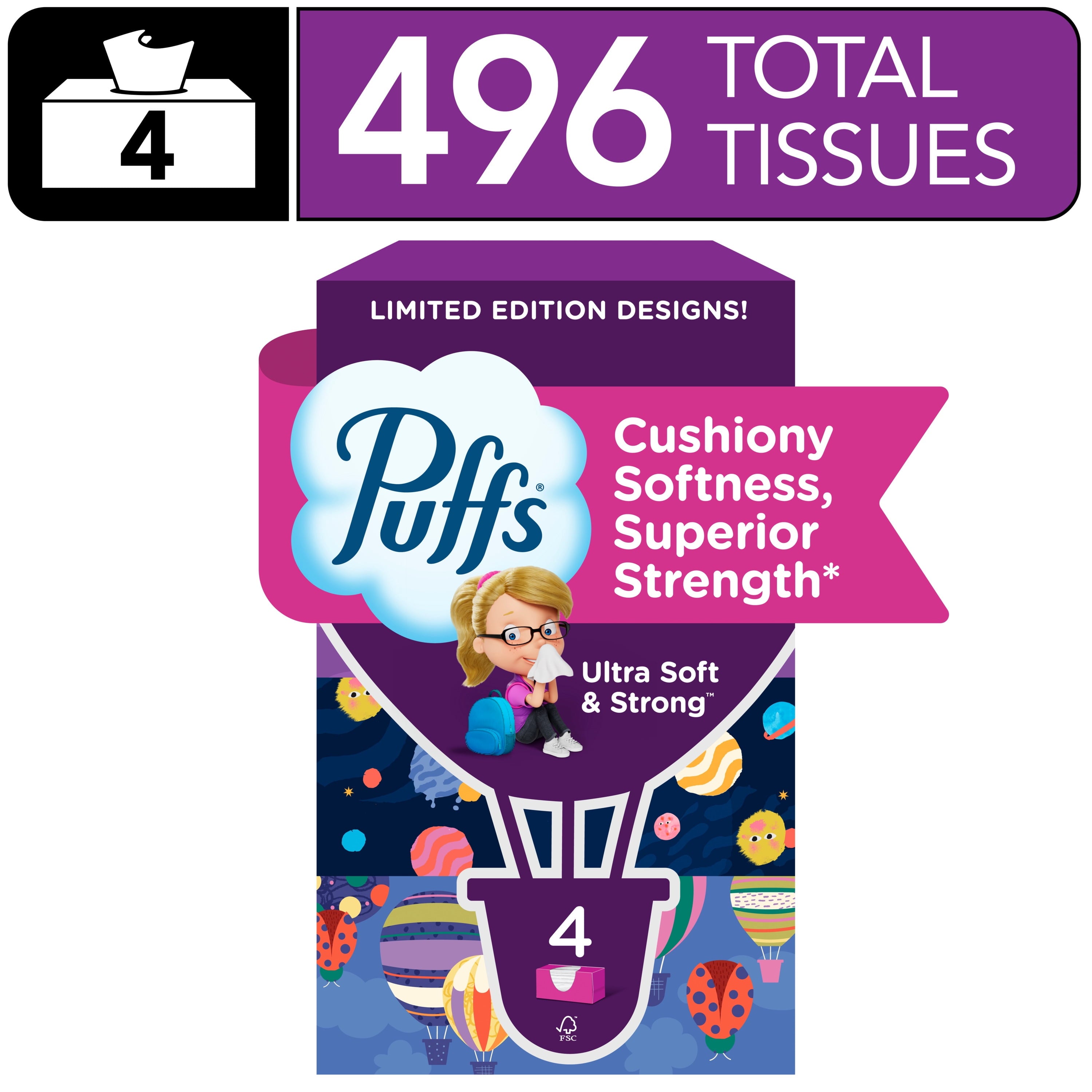 Puffs Ultra Soft Facial Tissues - Back-to-School Exclusive, 4 Rectangle Boxes, 124 Facial Tissues Per Box