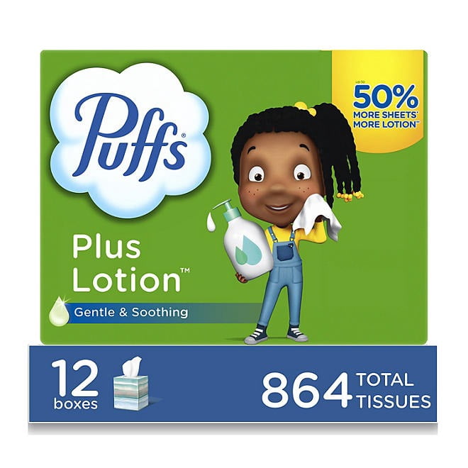 Puffs Plus Lotion 2-Ply Facial Tissues 12 Cube Boxes - 72 tissues/box