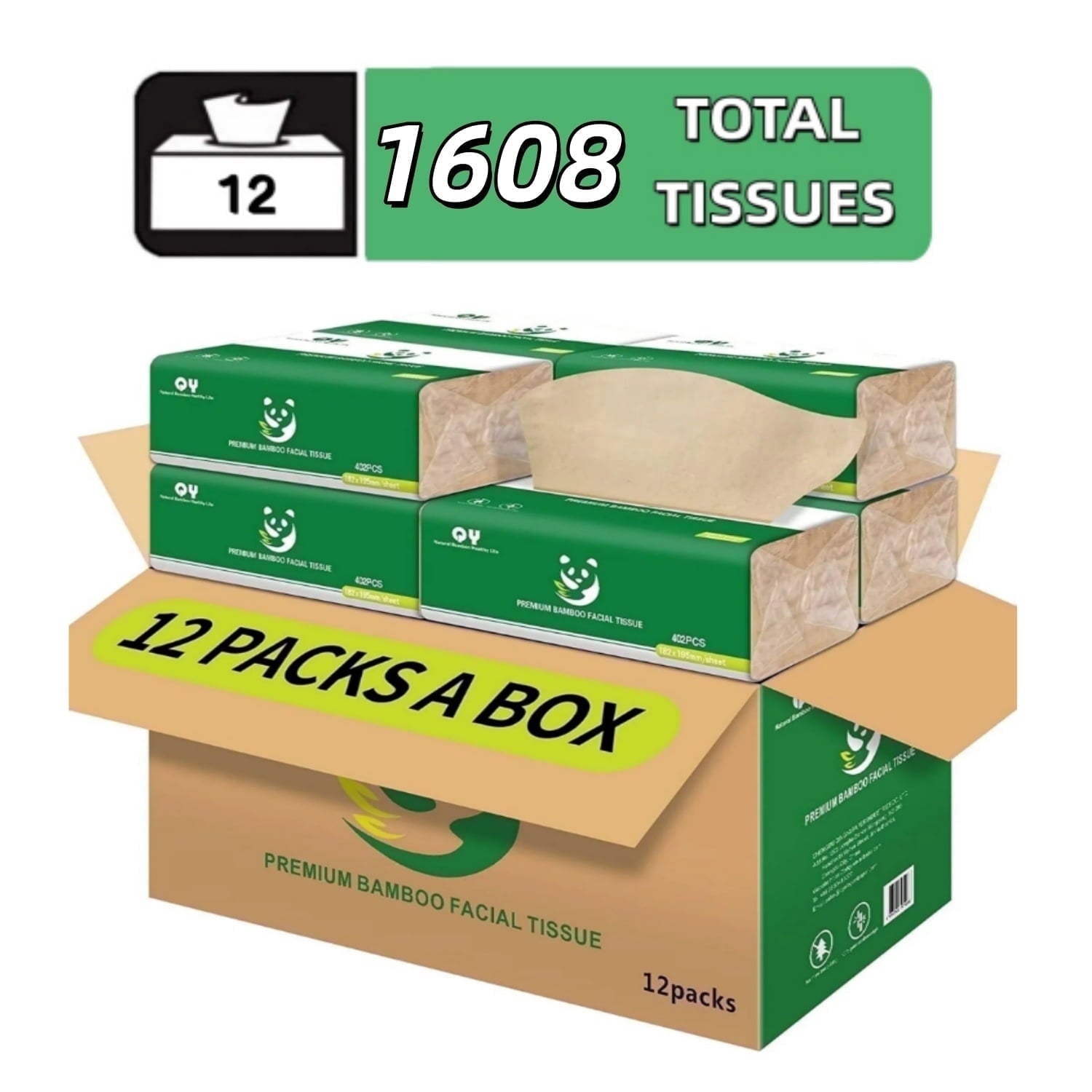 QingYa Bamboo Facial Tissue - 3 Ply Soft Unbleached Facial Paper, 12 Packs, 134 Tissues per Pack