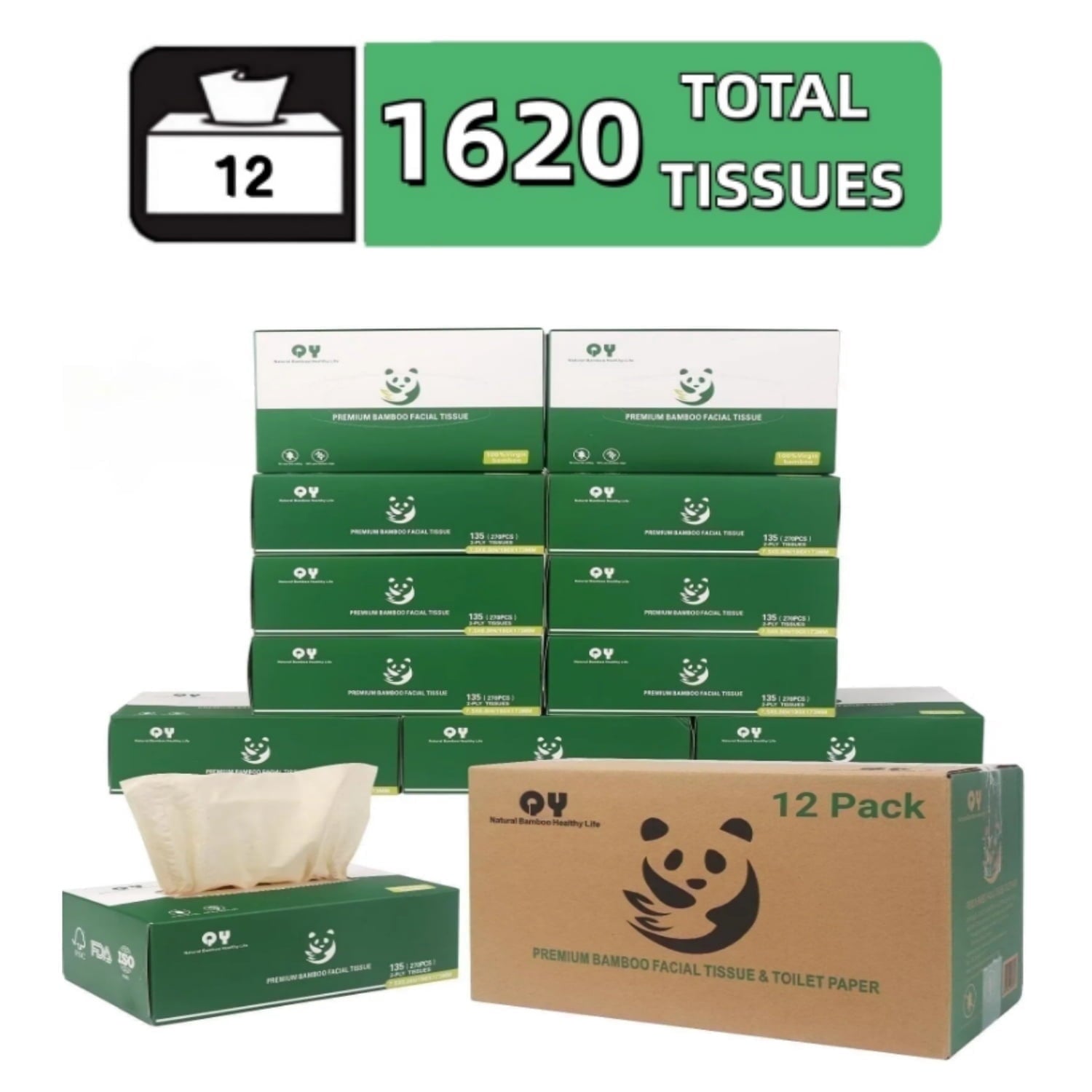 QingYa Premium Bamboo Facial Tissues - 12 Square Boxes, 135 Tissues per Box, Ultra Soft and Unbleached
