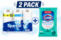Sparkle Paper Towels 6 Double Rolls + Clorox Disinfecting Wipes To-Go Pack Bundle - 2 Pack Cleaning Essentials Set