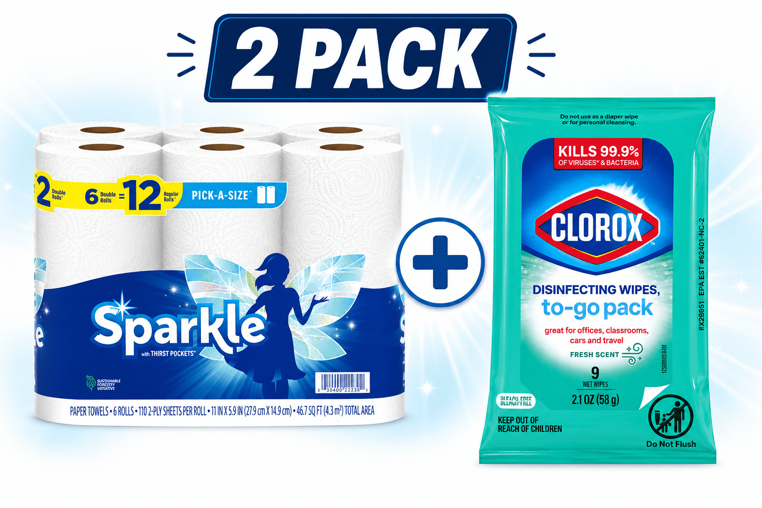 Sparkle Paper Towels 6 Double Rolls + Clorox Disinfecting Wipes To-Go Pack Bundle - 2 Pack Cleaning Essentials Set