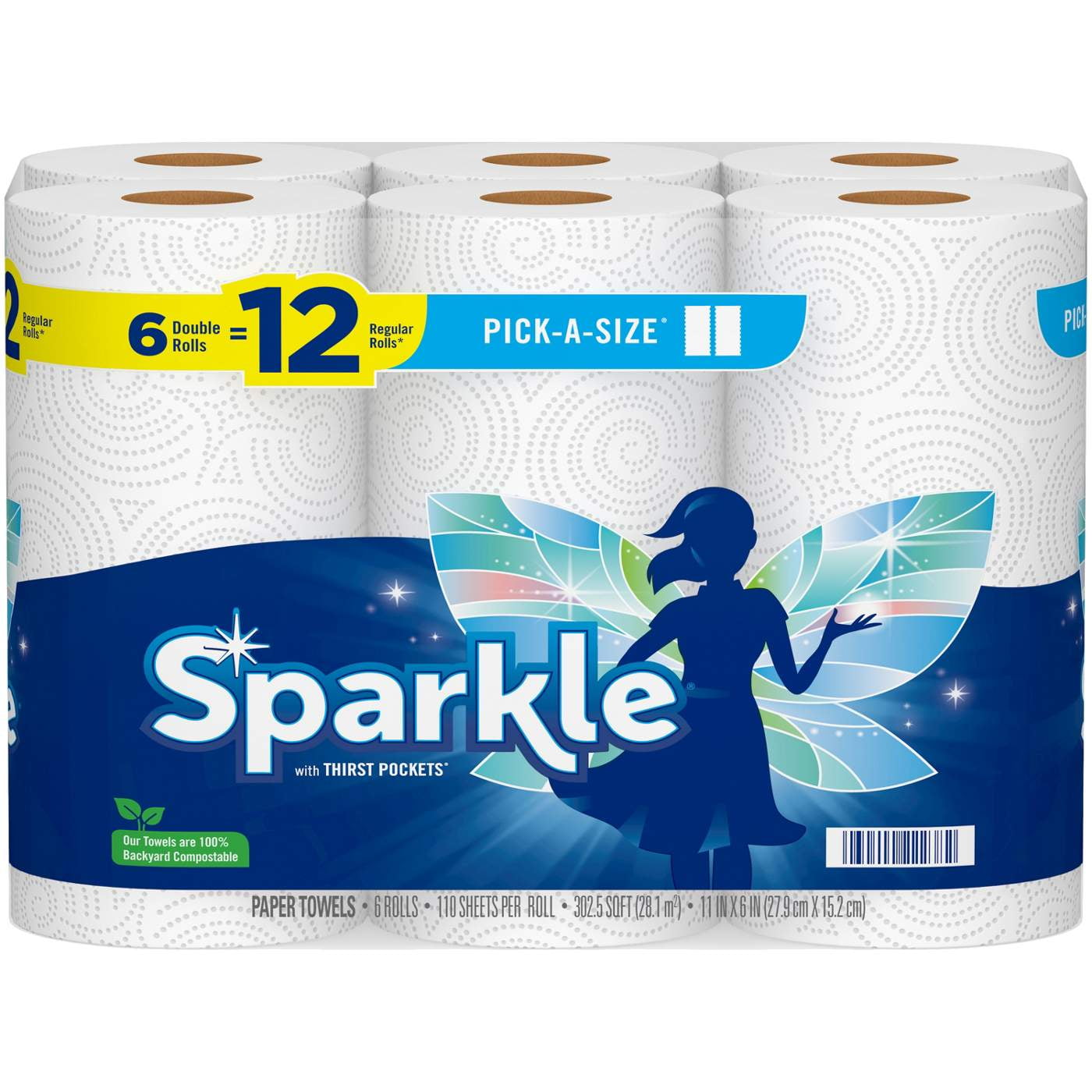 Sparkle Pick-A-Size Paper Towels - 6 Double Rolls = 12 Regular Rolls