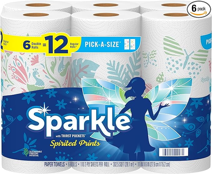 Sparkle Pick-A-Size Paper Towels - Spirited Prints, 6 Double Rolls = 12 Regular Rolls, Everyday Value Paper Towel With Full And Half Sheets