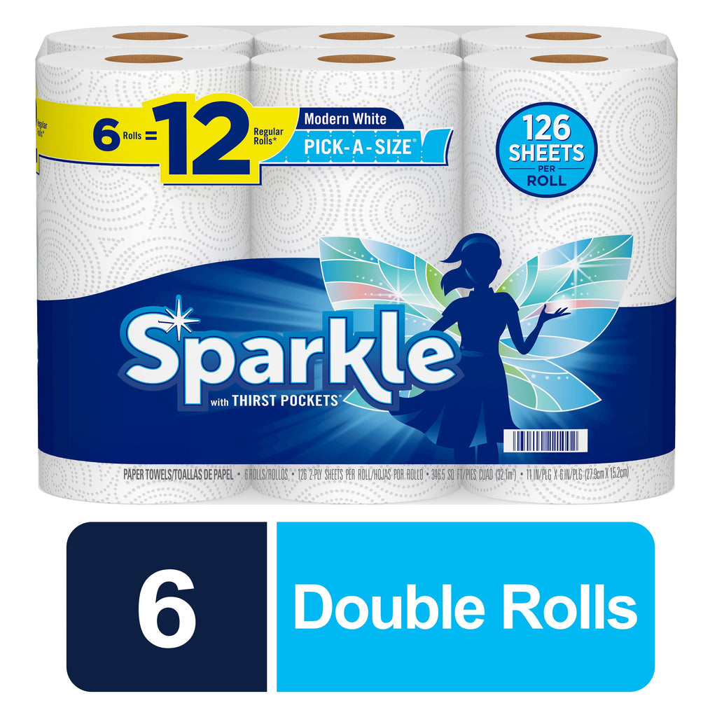 Sparkle Pick-A-Size Paper Towels - White, 6 Double Rolls = 12 Regular Rolls, 126 2-Ply Sheets Per Roll