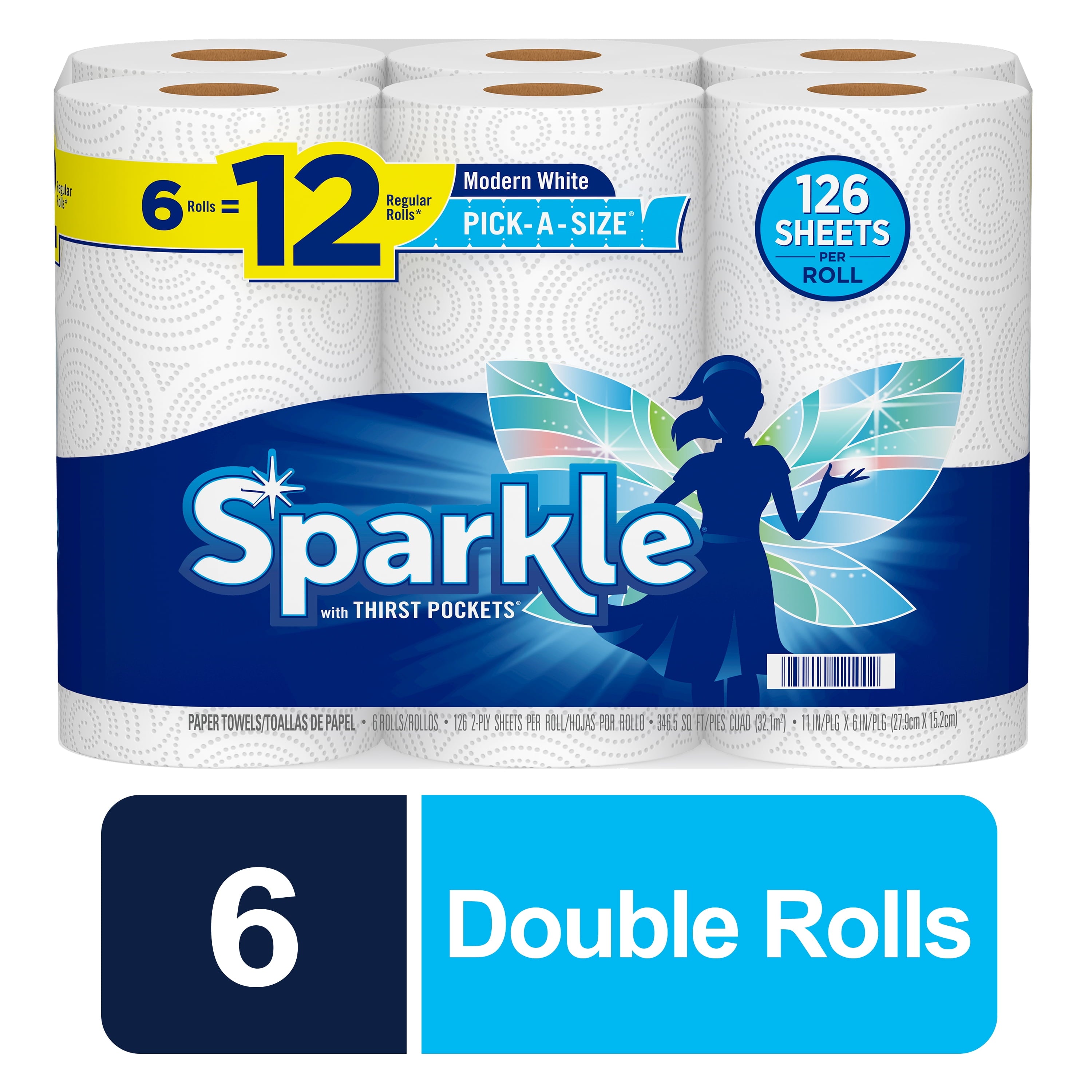Sparkle Pick-A-Size Paper Towels - White, 6 Double Rolls = 12 Regular Rolls, 126 2-Ply Sheets Per Roll
